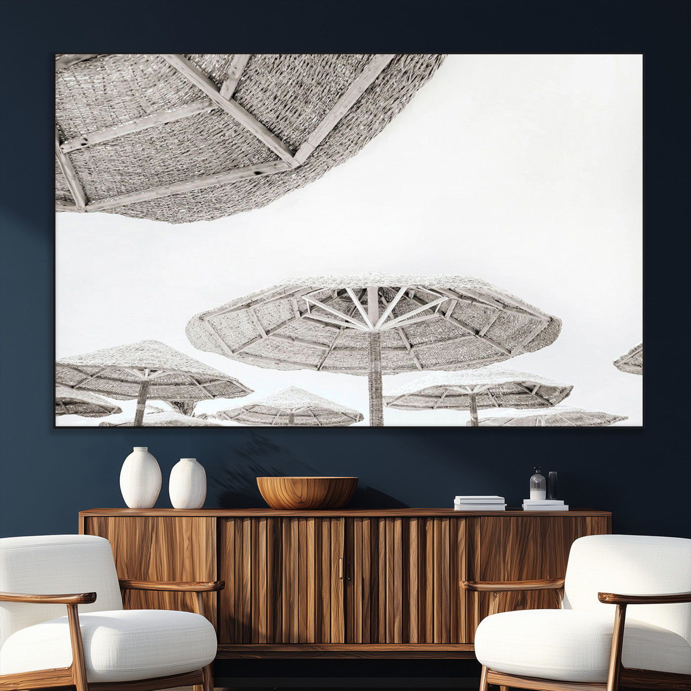 97043123-SEG-FC-51X34_Oversize_Oversize-Beach Umbrella Wall Art – Minimalist Coastal Canvas Print, Woven Parasol Summer Decor for Bedroom, Living Room, or Modern Beach