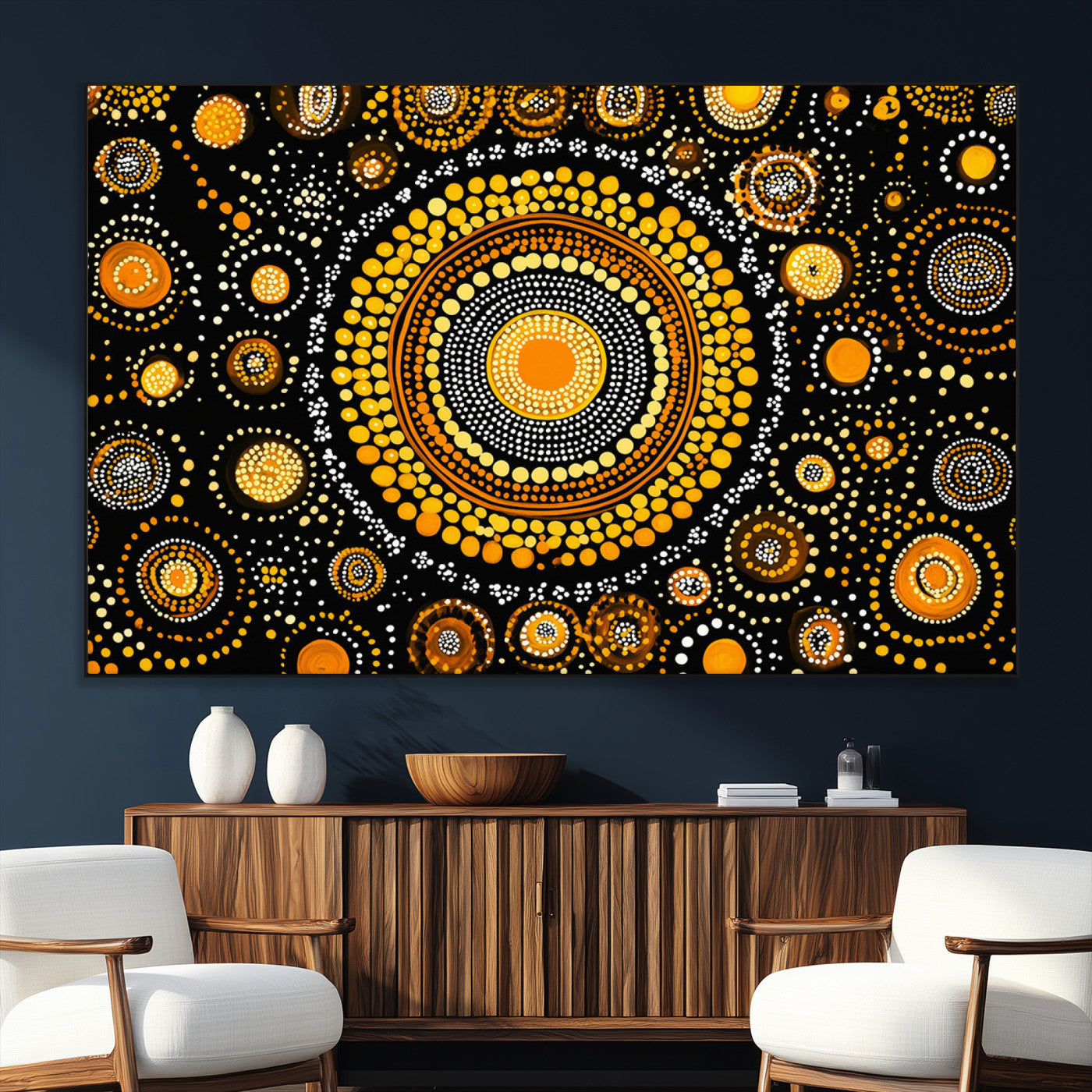45478523-SEG-FC-51X34_Oversize_Oversize-Abstract Circle Wall Art – Bold Black and Gold Dot Painting Canvas Print, Modern Geometric Mandala Style Decor for Living Room or