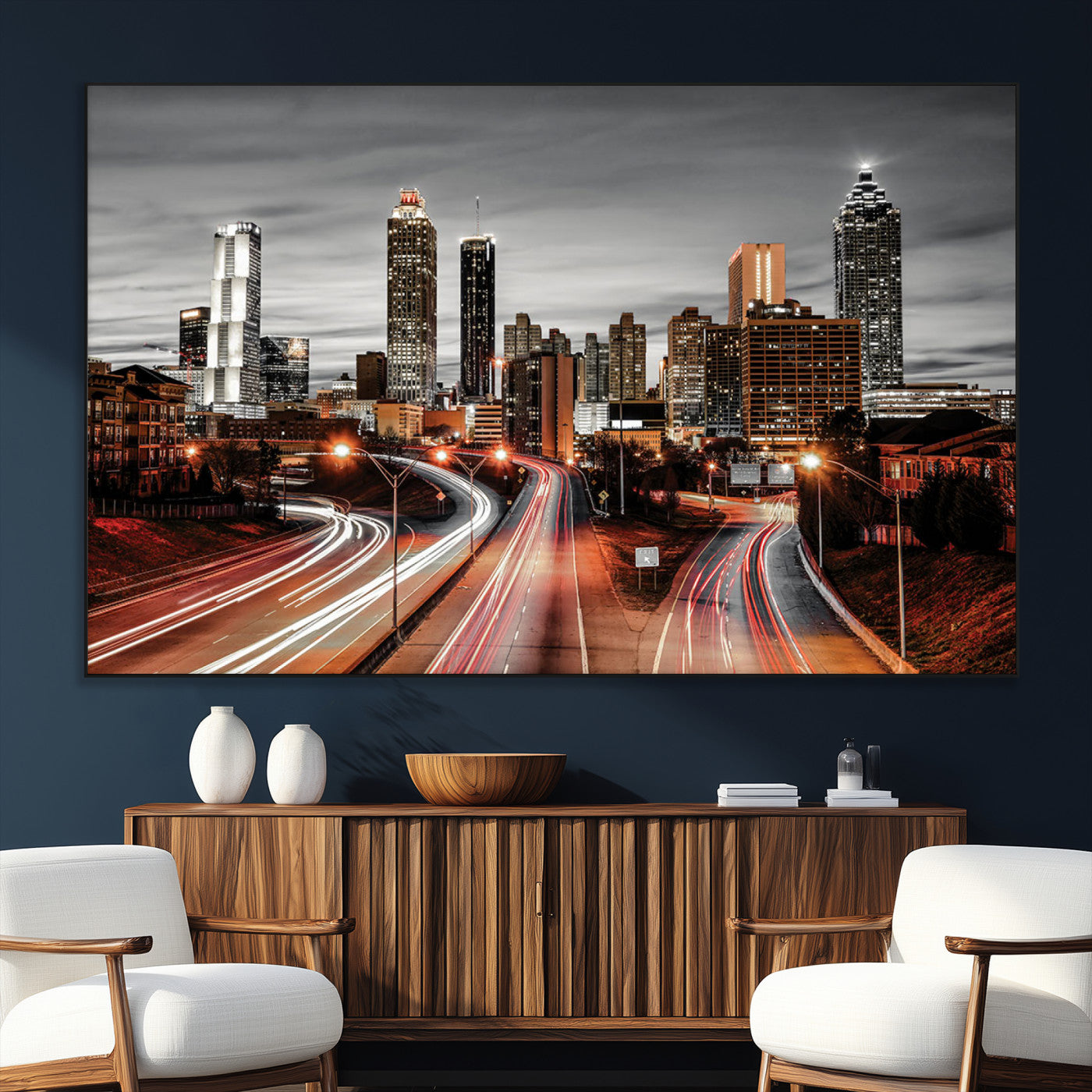 59097239-MGV-CV-36X24-City Skyline Wall Art – Modern Black and White Night Canvas Print with Red Light Trails, Urban Landscape Decor for Living Room or