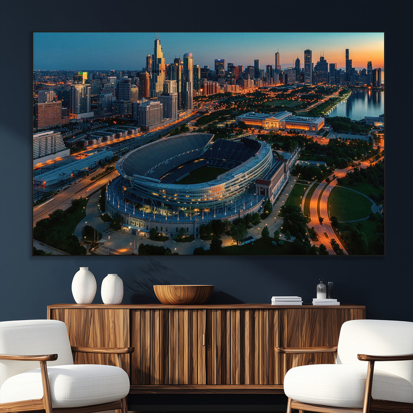 36690345-SEG-FC-51X34_Oversize_Oversize-Soldier Field Wall Art – Chicago Bears Stadium Aerial Night Canvas Print, City Skyline Football Decor for Living Room, Office, or