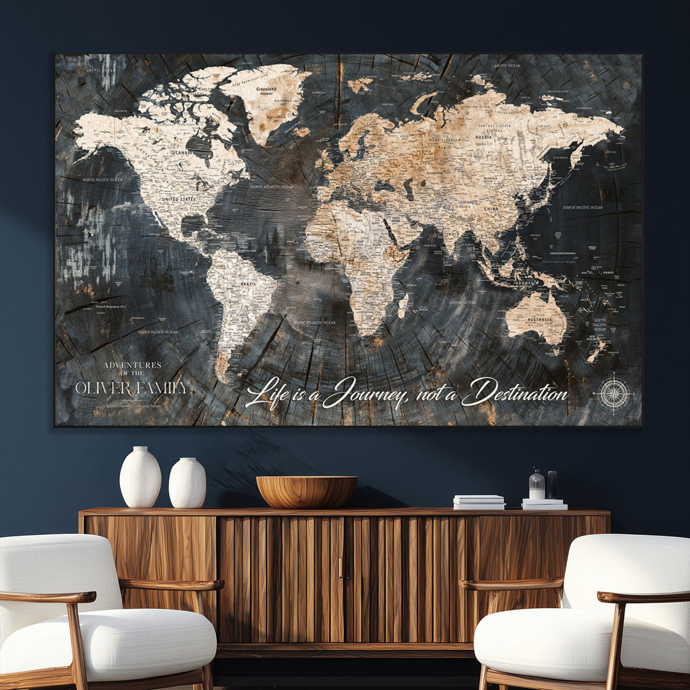 37848568-SEG-FC-51X34_Oversize_Oversize-Life is a Journey Not a Destination World Map Rustic Wood Texture Vintage Beige Navy Adventure Wall Art Canvas Print for Home