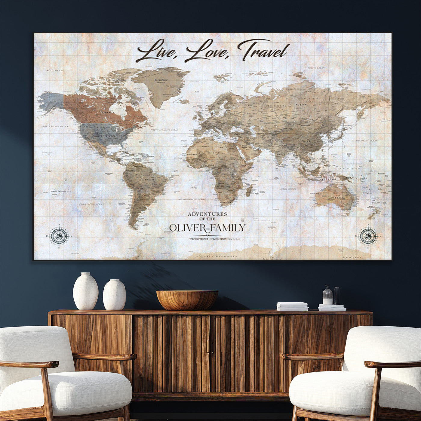 43924907-SEG-FC-51X34_Oversize_Oversize-Live Love Travel Wall Art – Neutral World Map Canvas Print, Rustic Adventure Decor for Home, Office or Living Room, Unique Gift