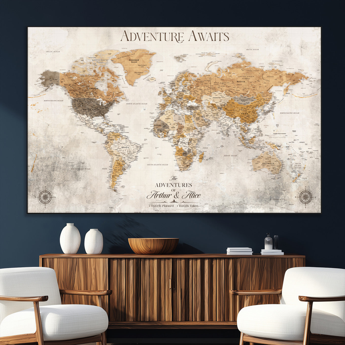 99422096-SEG-FC-51X34_Oversize_Oversize-Adventure Awaits World Map Wall Art – Neutral Beige Canvas Print, Modern Travel Inspired Wall Decor for Living Room, Bedroom or