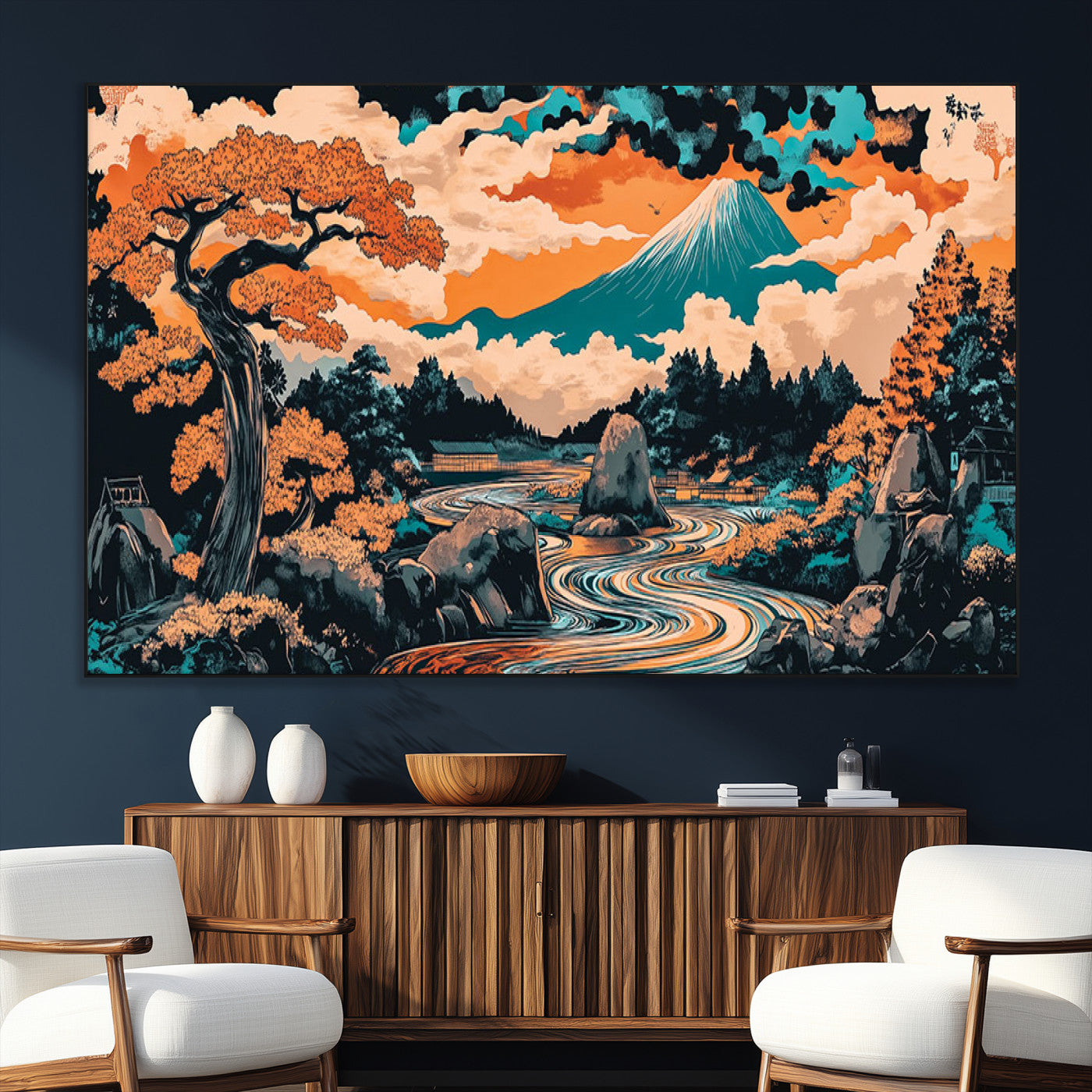 21638941-SEG-FC-51X34_Oversize_Oversize-Japanese Landscape Wall Art – Mount Fuji and Flowing River Ukiyo-e Style Canvas Print, Traditional Japan Inspired Artwork for