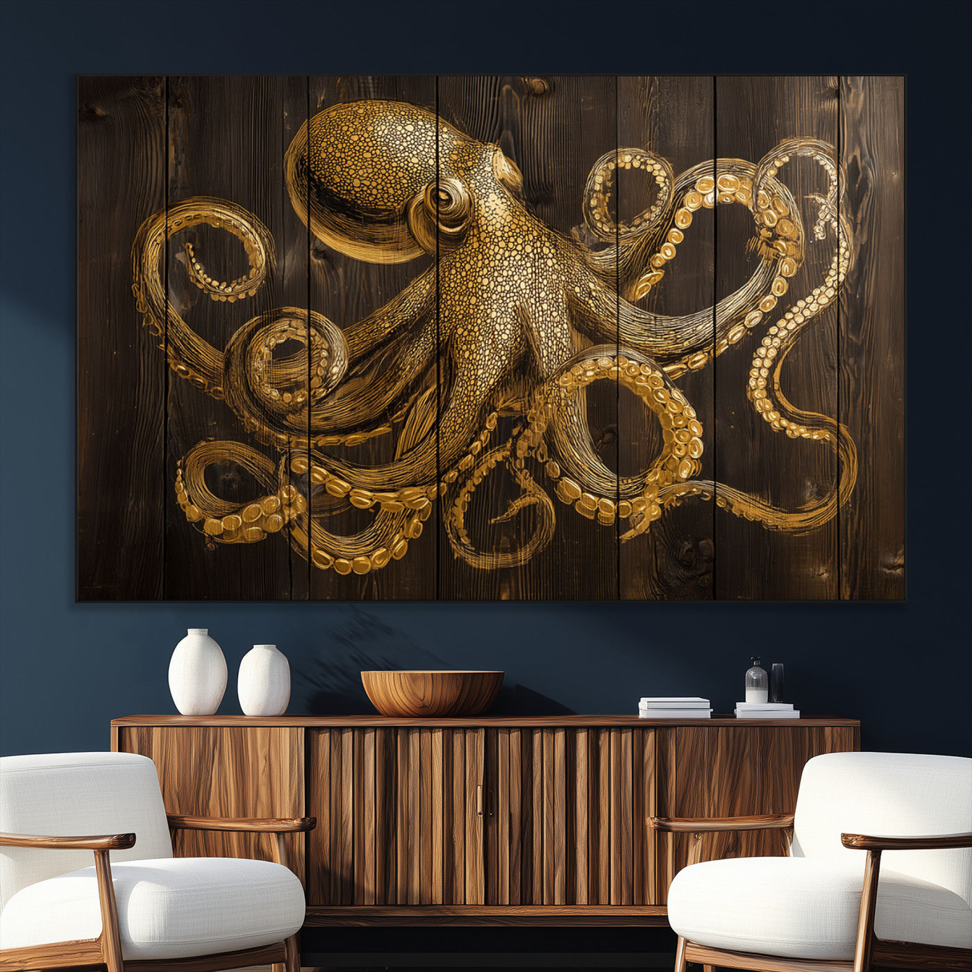 56769669-SEG-FC-51X34_Oversize_Oversize-Octopus Wall Art – Gold Nautical Canvas Print with Rustic Wood Panel Design, Detailed Marine Artwork for Coastal Ocean Decoration