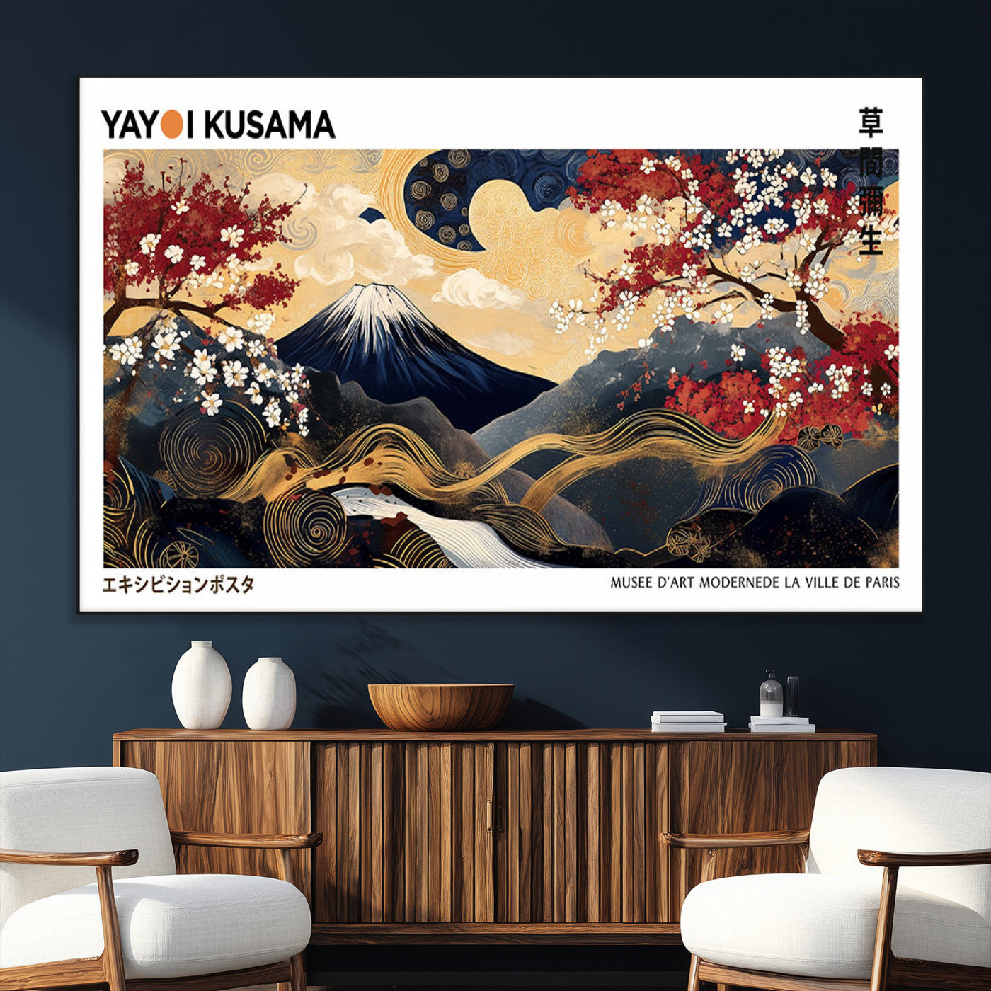 28945903-MGV-CV-36X24-Yayoi Kusama Inspired Japanese Art Canvas Print – Framed Floral & Mt. Fuji Wall Decor, Modern Asian Style Canvas for Home, Office,