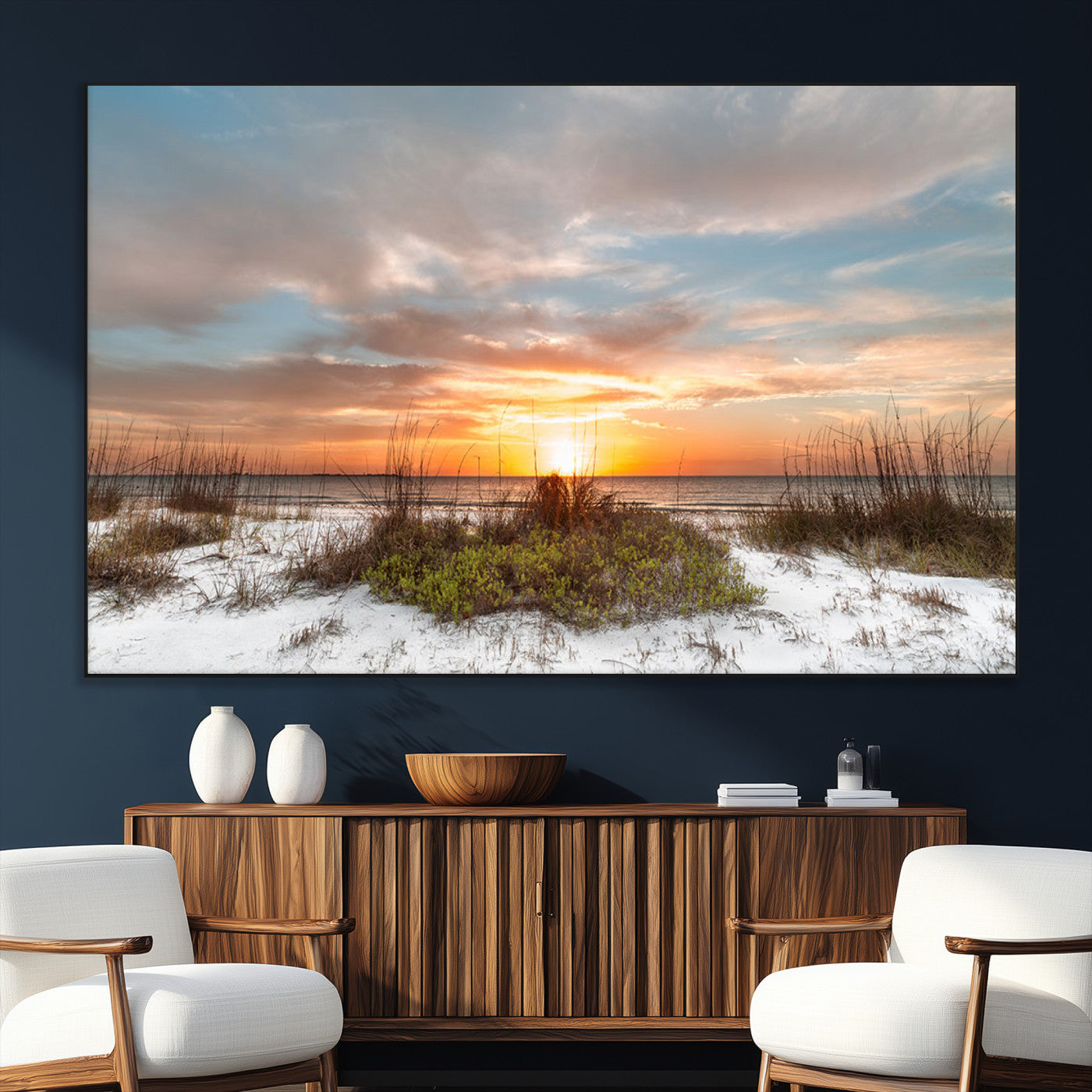58266230-SEG-FC-51X34_Oversize_Oversize-Beach Sunset Wall Art – Coastal Canvas Print with Sandy Dunes, Sea Grass and Golden Sky, Serene Ocean Landscape Photography for