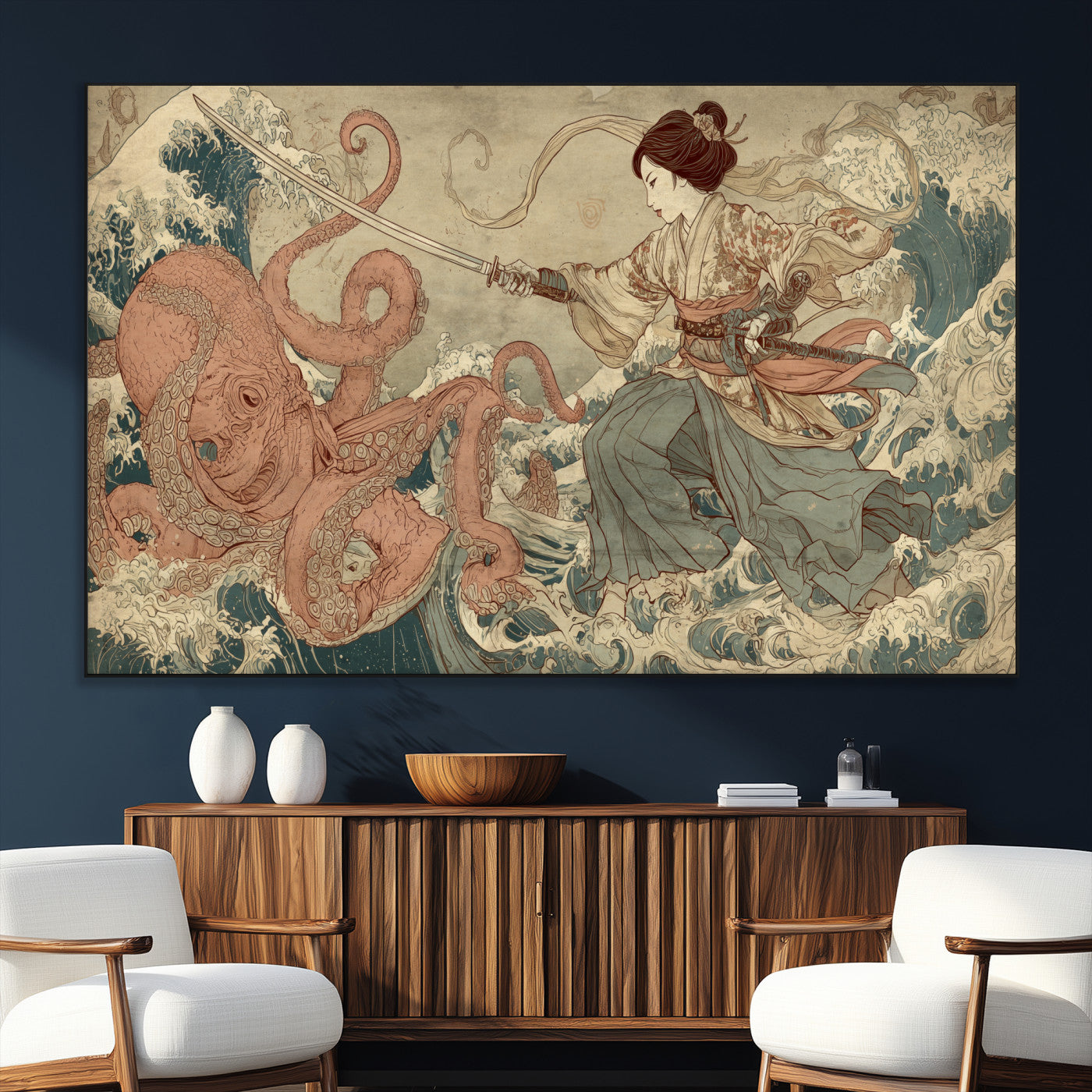 54879547-MGV-CV-36X24-Tsukioka Yoshitoshi Samurai Wall Art Print, Japanese Katana Warrior Canvas Wall Art, Octopus Sea Monster Canvas Print,