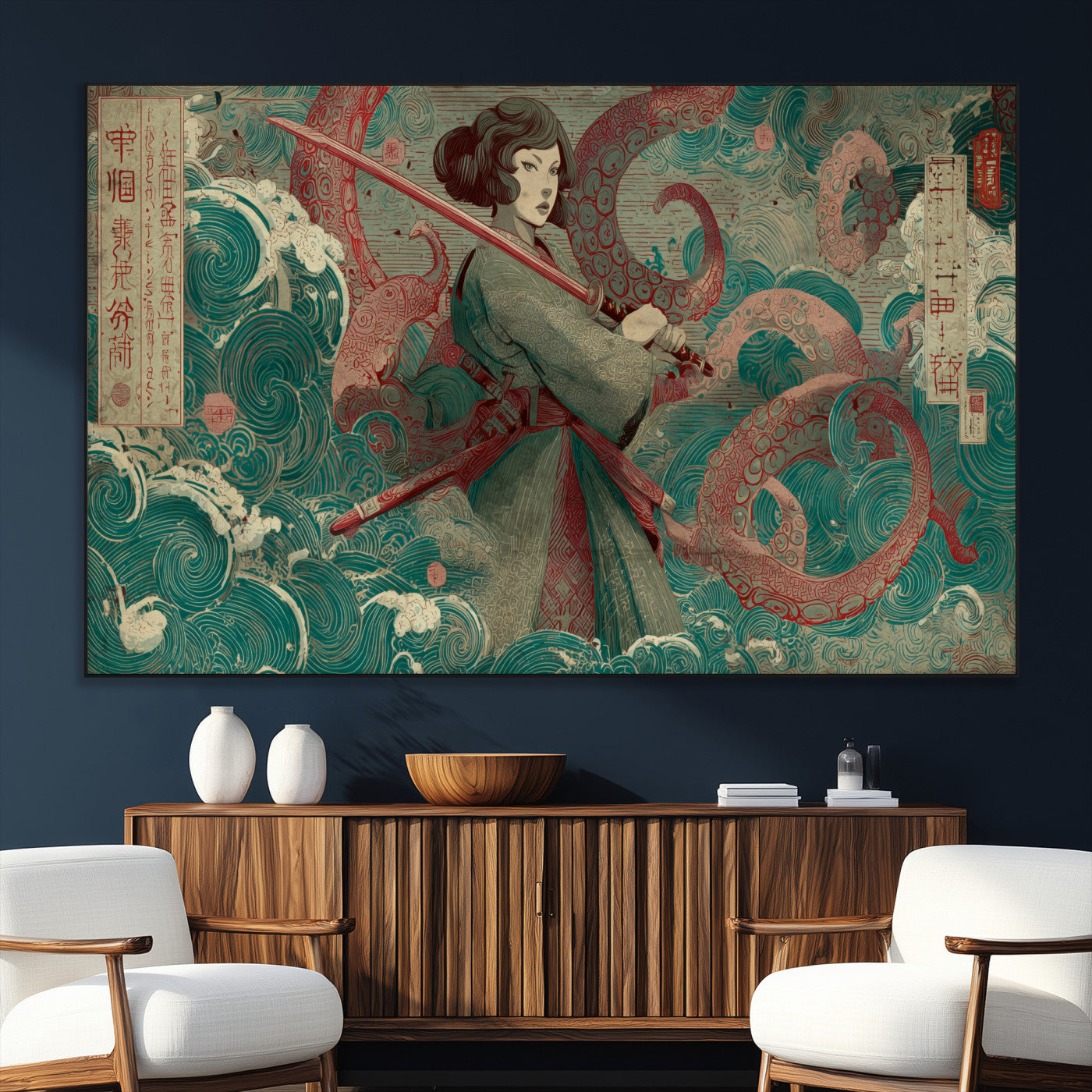91666601-SEG-FC-51X34_Oversize_Oversize-Samurai Woman vs Octopus Wall Art – Japanese Ukiyo-e Green Robe Canvas Print, Ocean Battle Artwork for Living Room, Office, Man