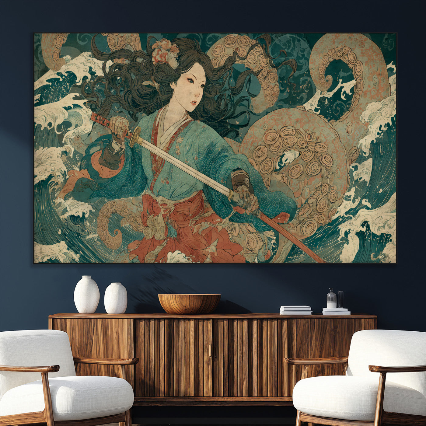 79740258-SEG-FC-51X34_Oversize_Oversize-Samurai Woman vs Octopus Wall Art – Japanese Ukiyo-e Blue Kimono Canvas Print, Ocean Battle Artwork for Living Room, Office, Man