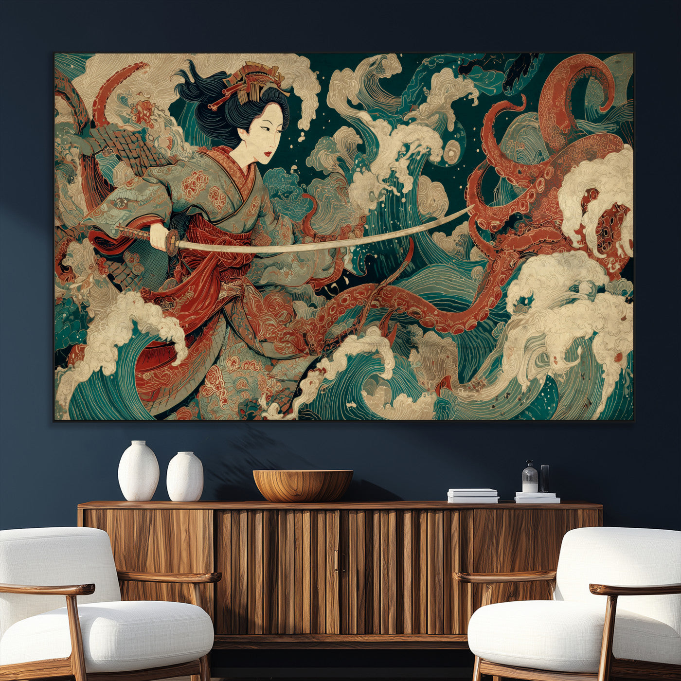 30212982-SEG-FC-51X34_Oversize_Oversize-Samurai Woman vs Octopus Wall Art – Japanese Ukiyo-e Style Warrior and Sea Monster Canvas Print, Mythology Inspired Artwork for