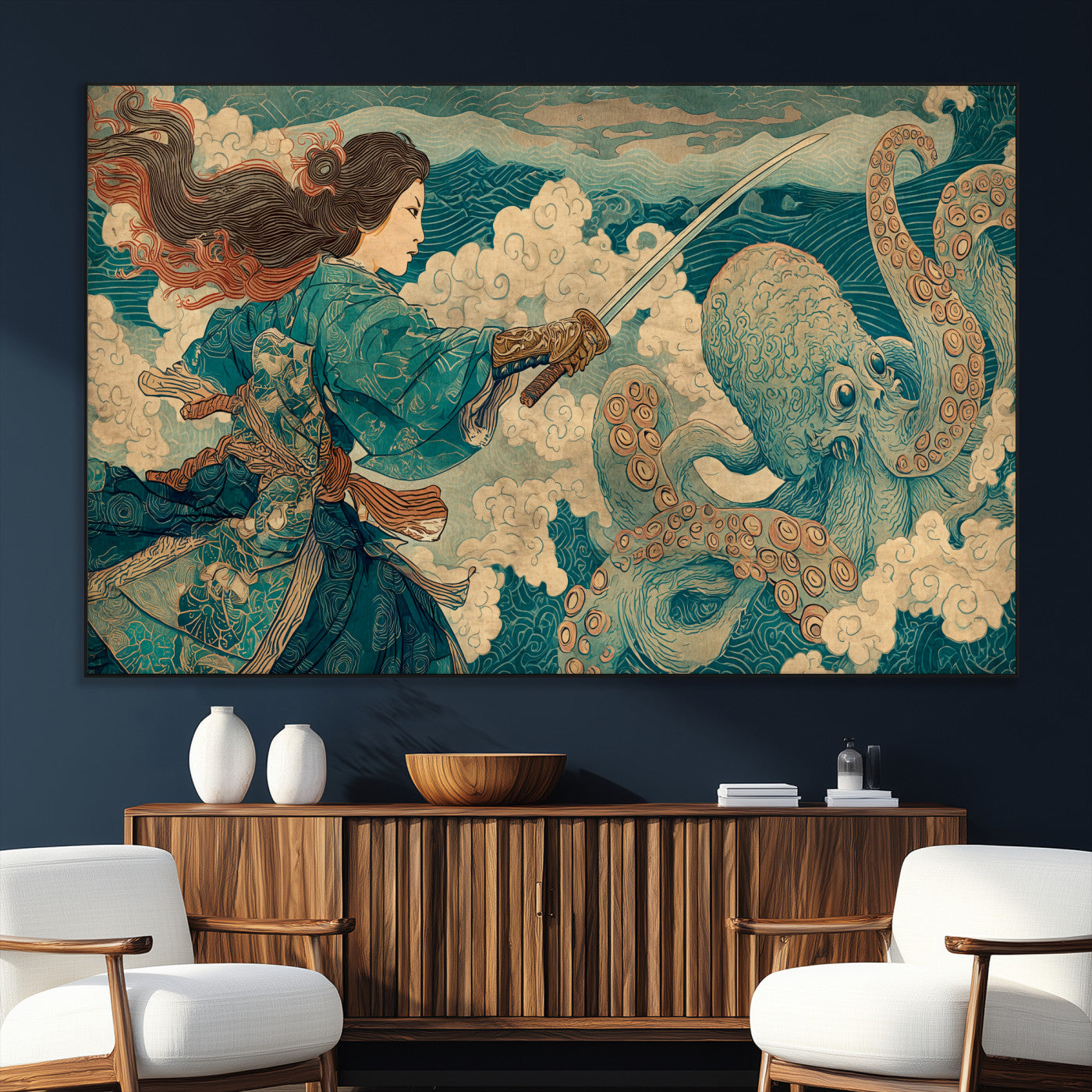99764195-SEG-FC-51X34_Oversize_Oversize-Samurai vs Octopus Wall Art – Japanese Ukiyo-e Style Warrior and Sea Monster Canvas Print, Mythology Inspired Artwork for Living