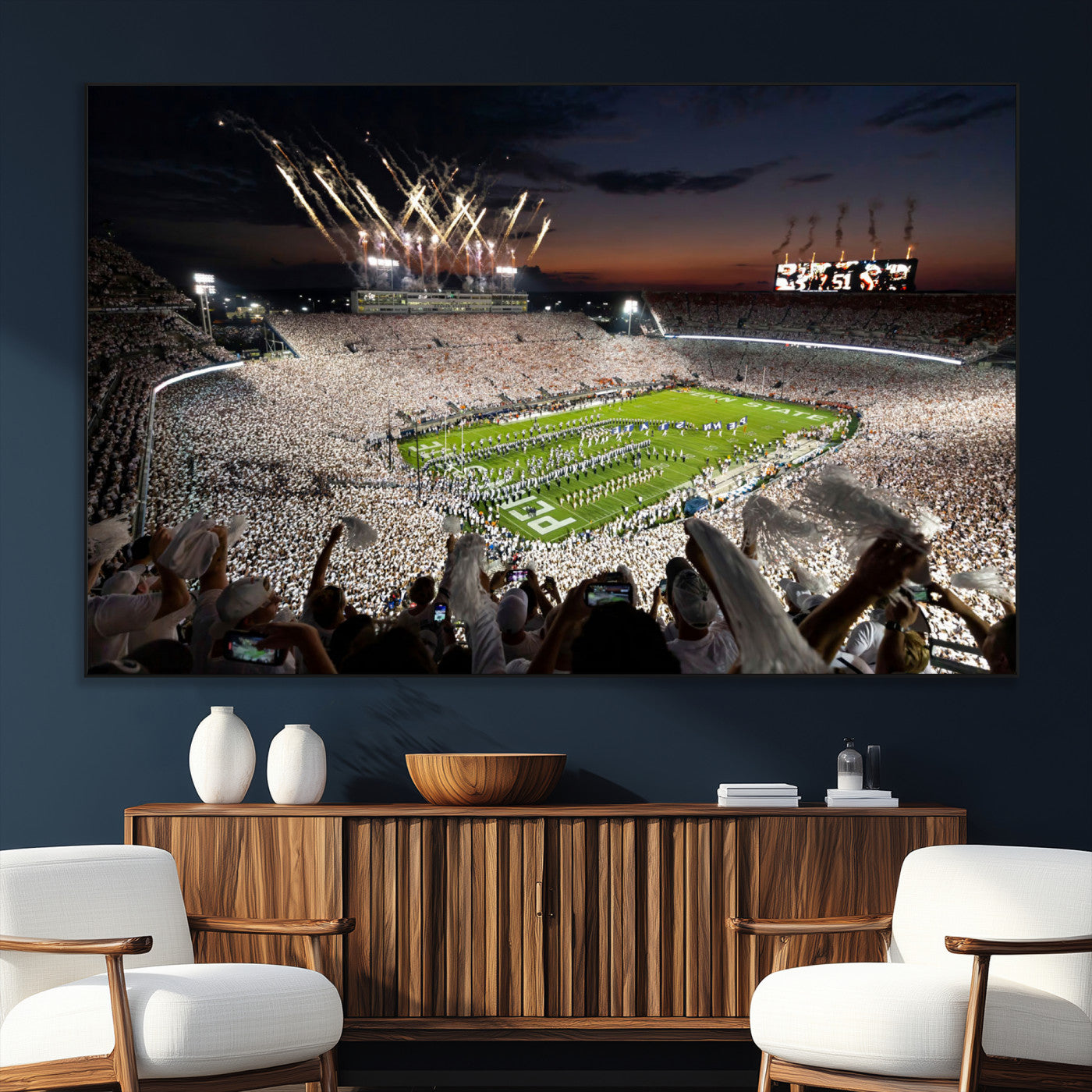 Penn-MGV-CV-36X24-Football Stadium Wall Art – Panoramic Night Game Canvas Print, Packed Crowd with Fireworks, Sports Decor for Office, Man Cave, Bar