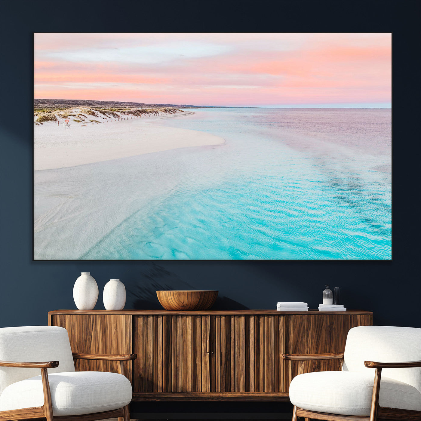 41613614-SEG-FC-51X34_Oversize_Oversize-Beach Sunset Wall Art – Pastel Ocean Canvas Print, Turquoise Water and Pink Sky Photography Decor for Bedroom, Living Room, Office