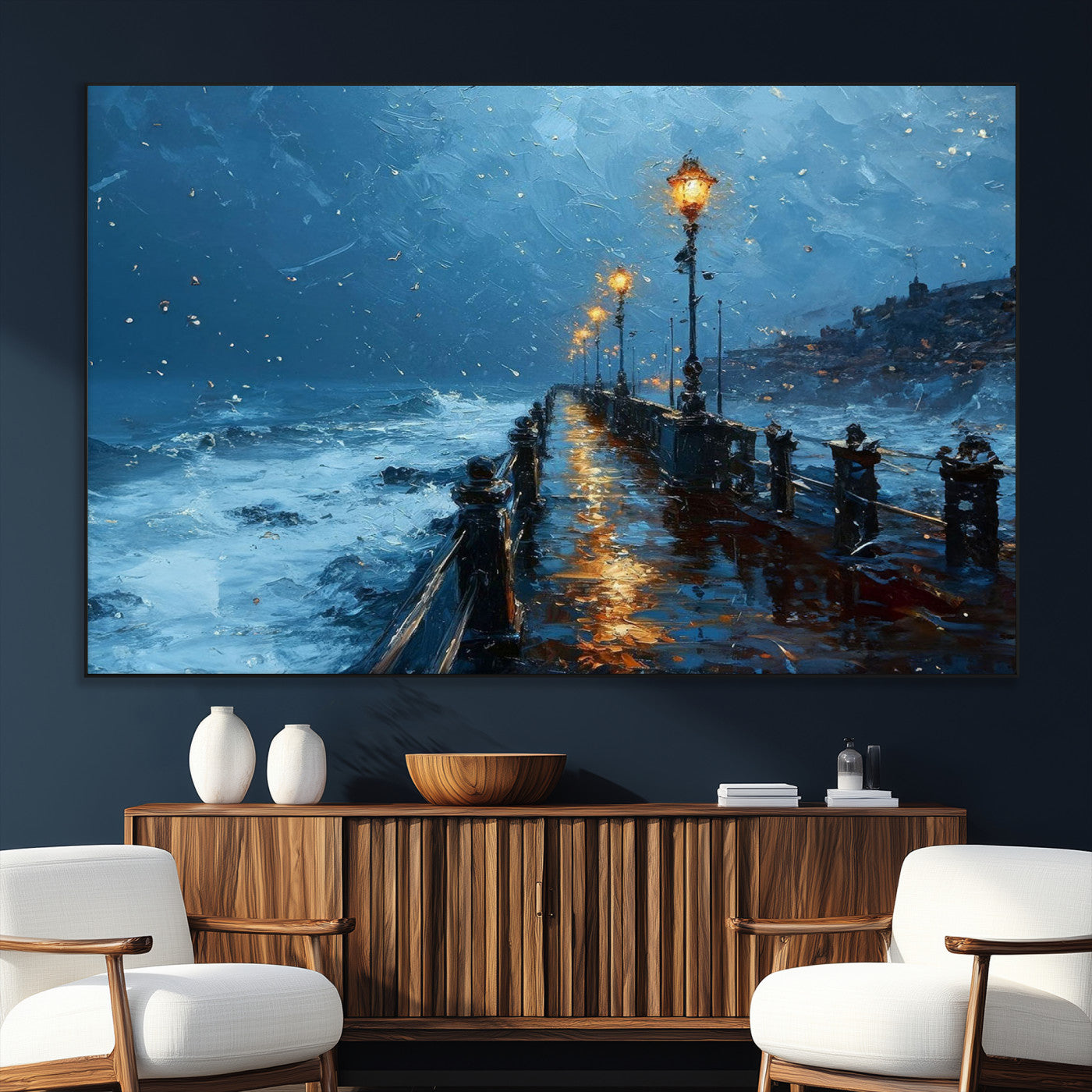 93793246-SEG-FC-51X34_Oversize_Oversize-Stormy Night Pier Canvas Wall Art – Moody Ocean Landscape with Lights, Blue Coastal Seascape Print for Bedroom, Living Room,