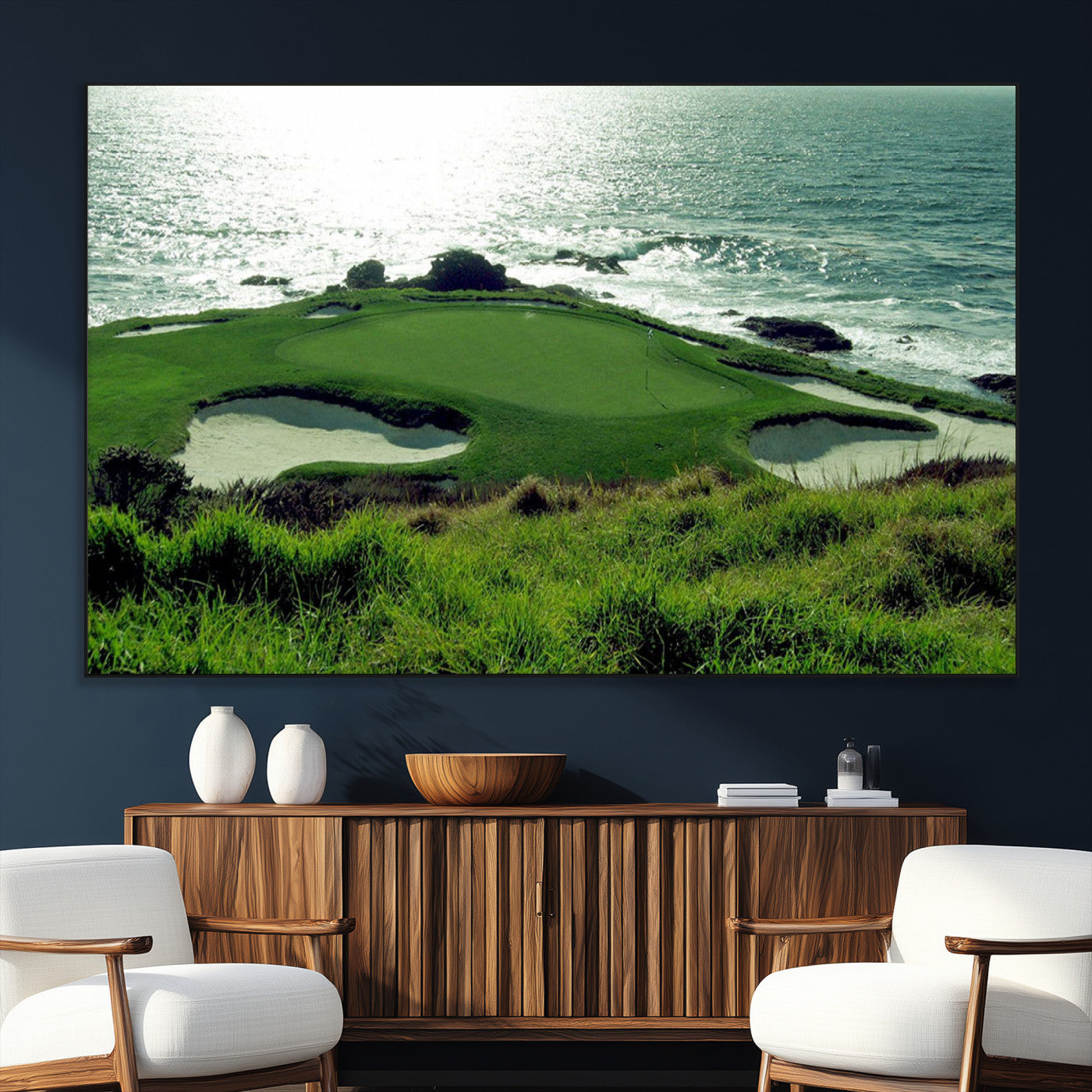 48473947-SEG-FC-51X34_Oversize_Oversize-Ocean Golf Course Wall Art – Panoramic Green Fairway Canvas Print, Coastal Golf Landscape Photography Sports Decor for Office, Man