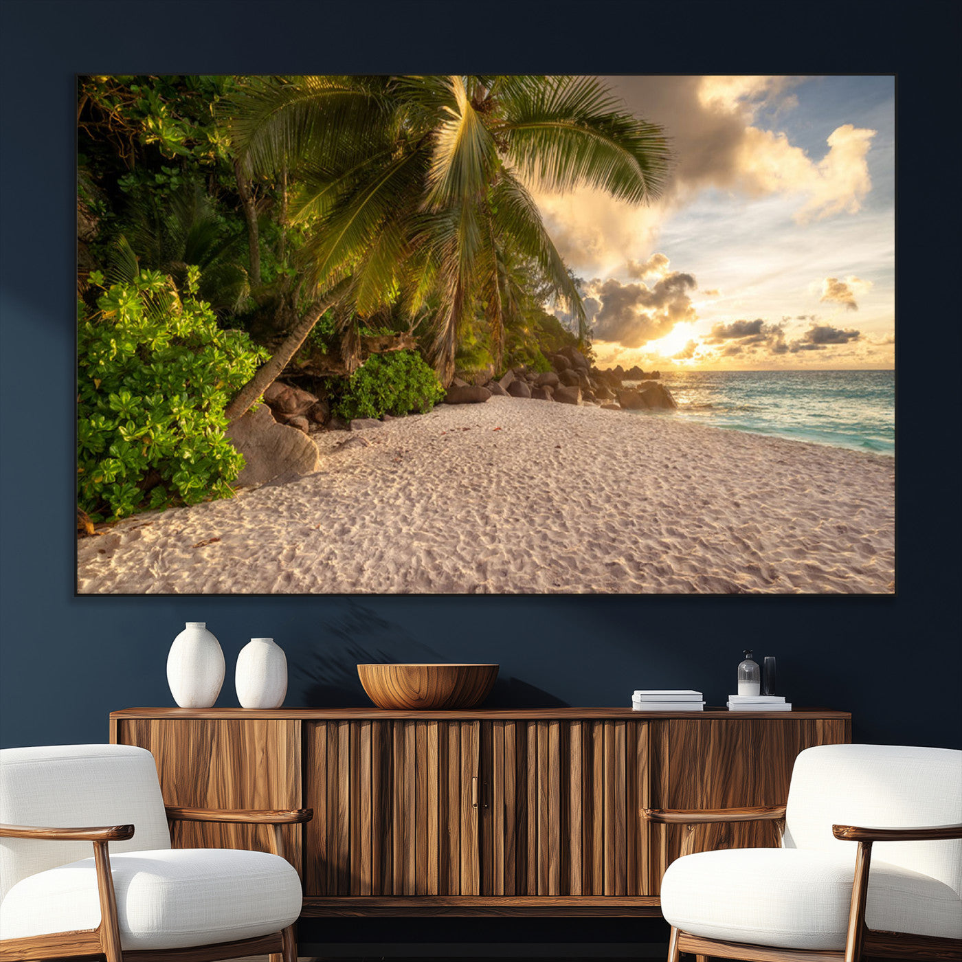 89531159-SEG-FC-51X34_Oversize_Oversize-Tropical Beach Sunset Canvas Wall Art – Palm Trees Golden Sand Ocean Waves Coastal Paradise Print for Beach House Bedroom Bathroom