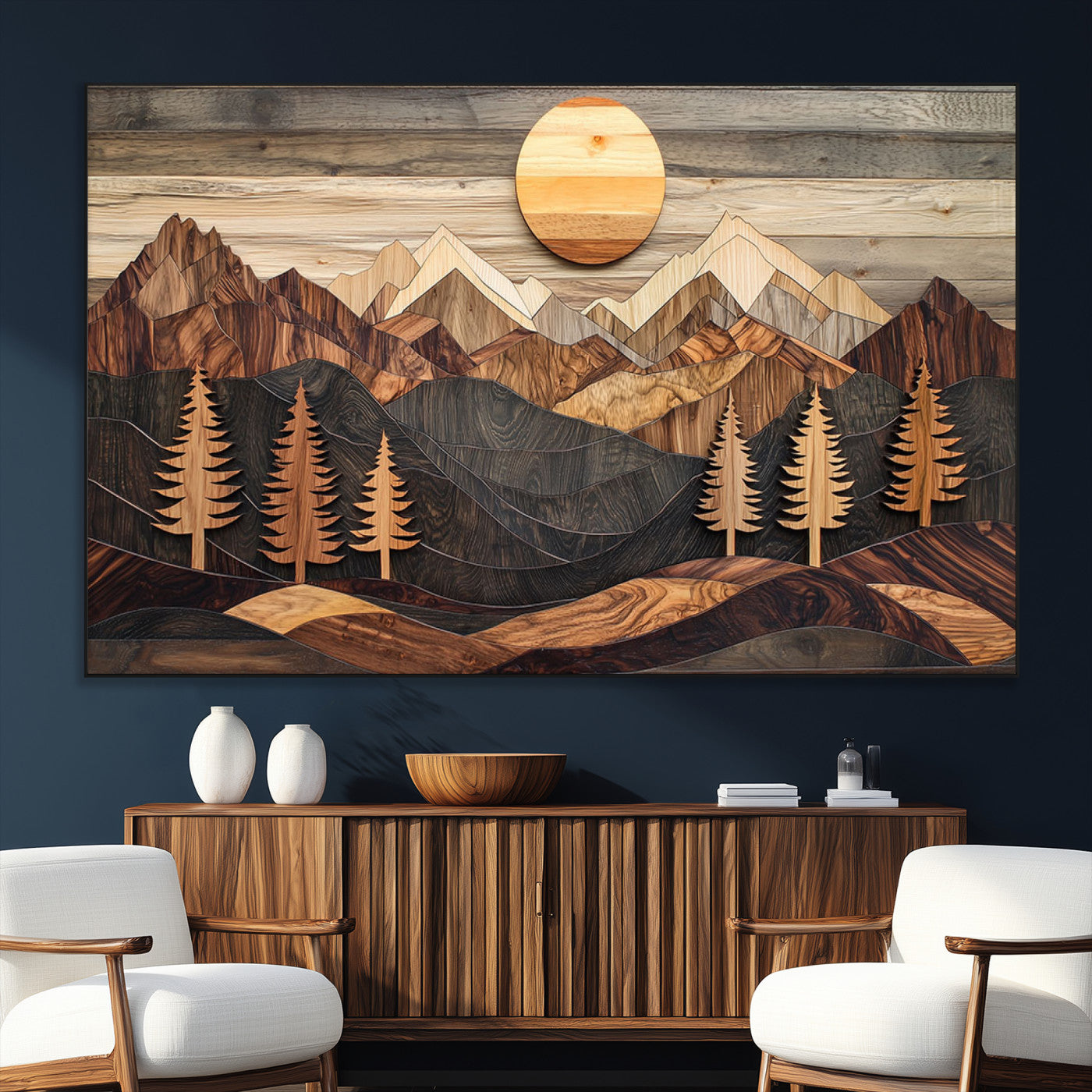 90044381-SEG-FC-51X34_Oversize_Oversize-Rustic Wall Art – Wooden Mountain Landscape with Sun and Pine Trees, Handcrafted Nature Canvas Style Decor for Bedroom, Living