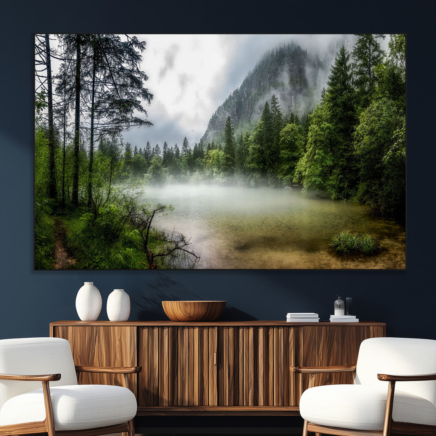 93123937-SEG-FC-51X34_Oversize_Oversize-Landscape Wall Art – Misty Mountain Lake Canvas Print, Tranquil Forest and Waterfall Photography Decor for Bedroom, Living Room,