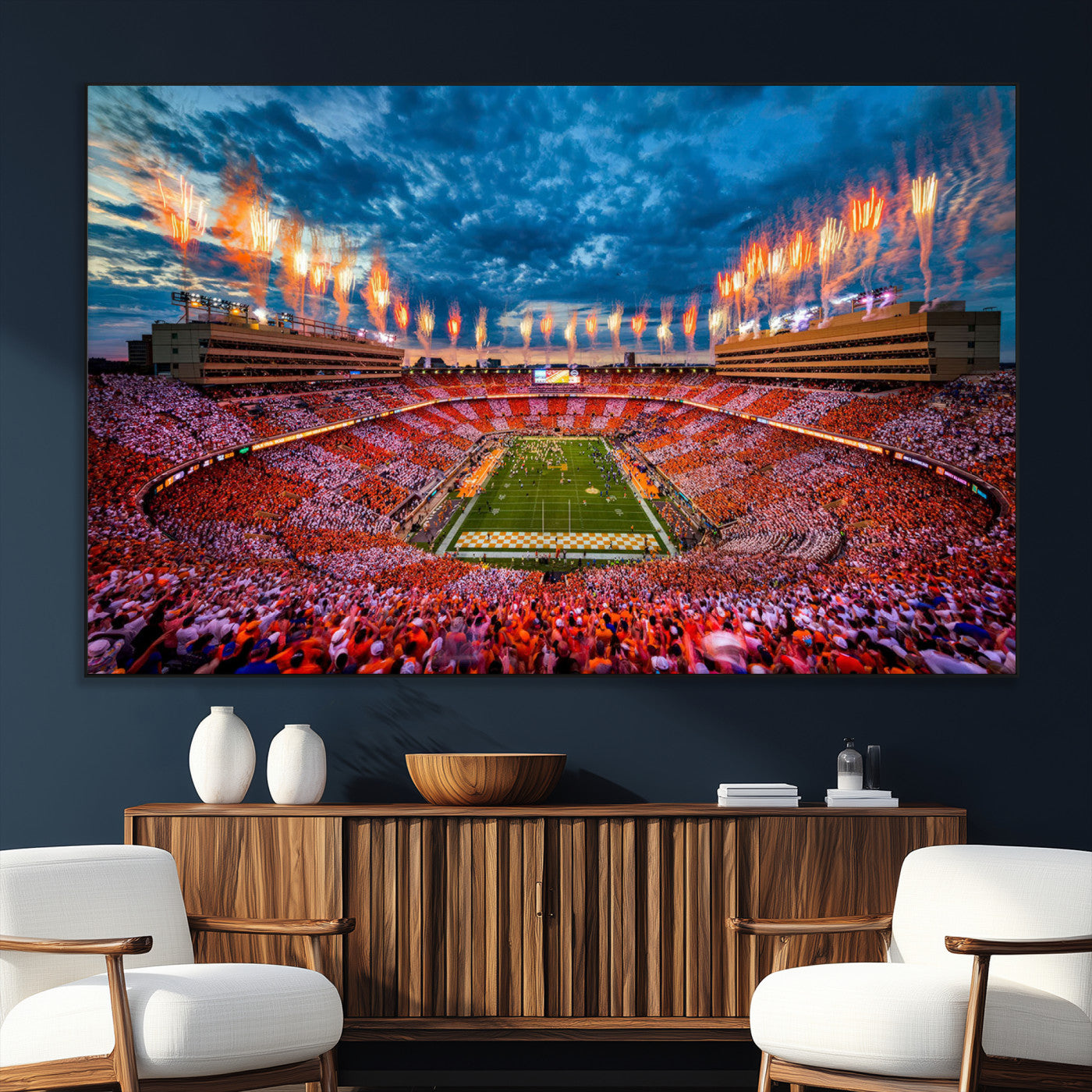 94266219-SEG-FC-51X34_Oversize_Oversize-Neyland Stadium Wall Art – Panoramic Tennessee Volunteers Checkerboard Crowd Fireworks Canvas Print, Football Game Day Sports