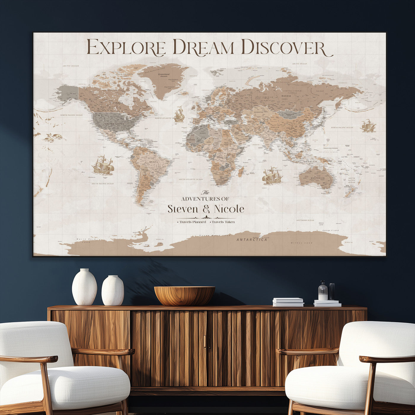 56148717-SEG-FC-51X34_Oversize_Oversize-Personalized World Map Wall Art – Neutral Beige & Brown Vintage Adventure Travel Map with Custom Couple Names, Classic Wall Decor