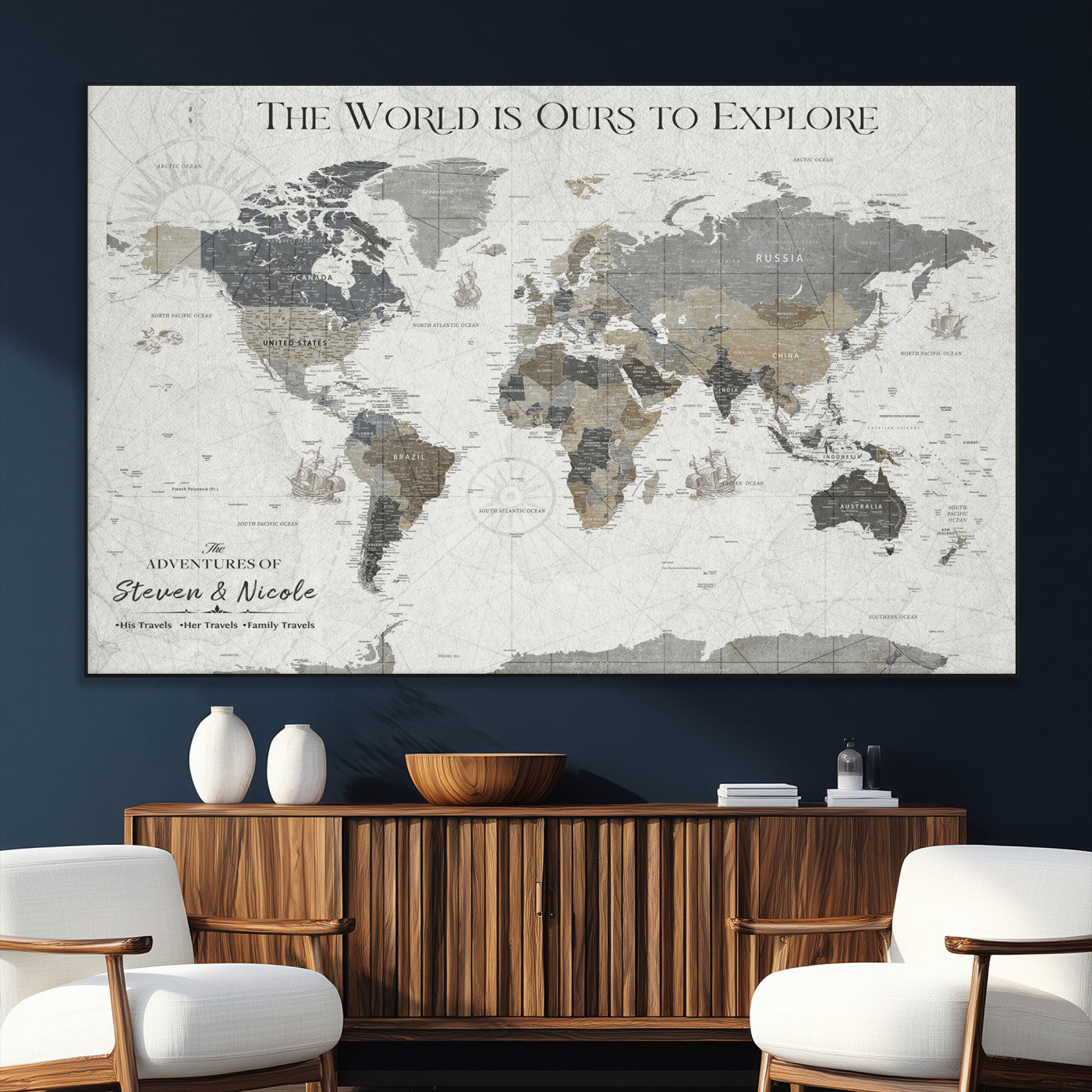 97082026-SEG-FC-51X34_Oversize_Oversize-Personalized World Map Wall Art – Vintage Gray Adventure Travel Map with Custom Couple or Family Names, Rustic Wall Decor for Home