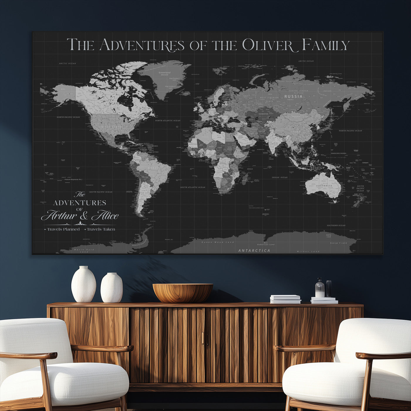 46064114-SEG-FC-51X34_Oversize_Oversize-Personalized World Map Wall Art – Black & Grey Adventure Travel Map with Custom Family or Couple Names, Modern Wall Decor for Home
