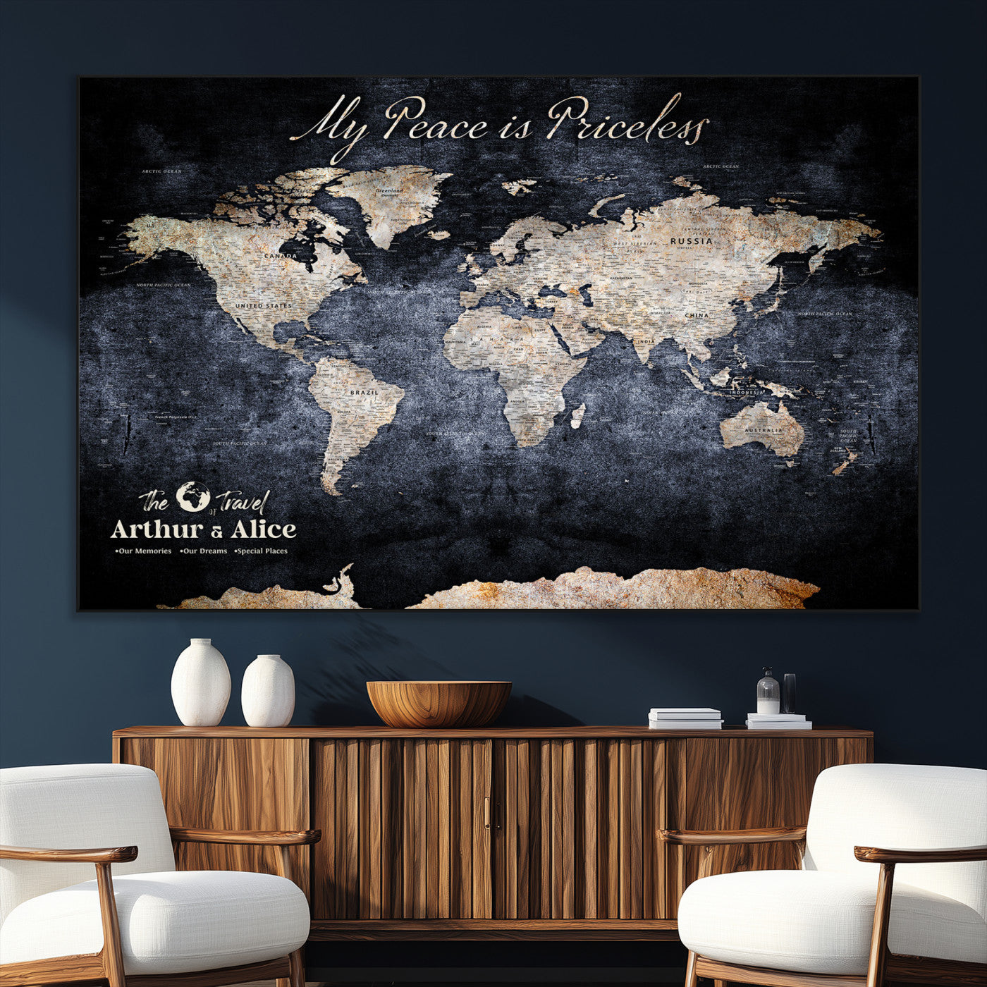 85403043-MGV-CV-36X24-Personalized World Map Wall Art – Dark Blue Rustic Adventure Map with Custom Couple Names, Vintage Wall Decor for Home or Travel