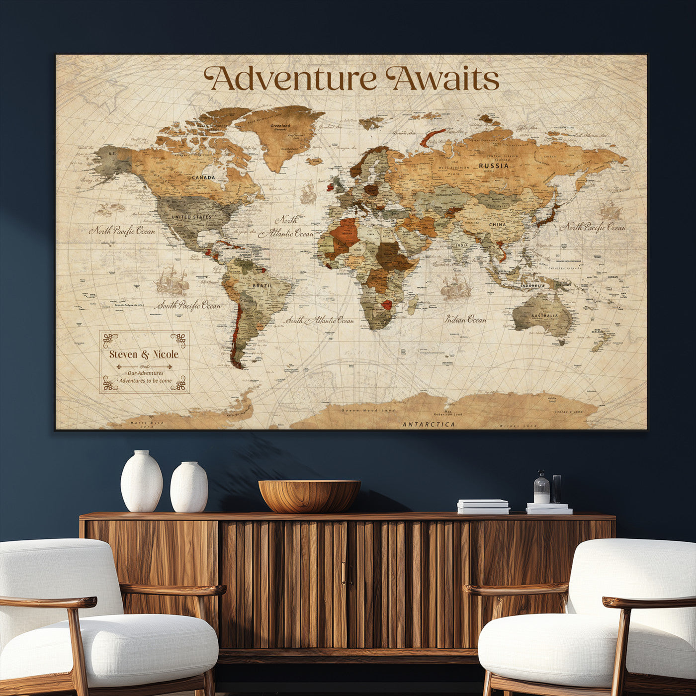 18685073-SEG-FC-51X34_Oversize_Oversize-Personalized World Map Wall Art – Antique Vintage Parchment Adventure Awaits Travel Map with Custom Couple Names, Rustic Wall