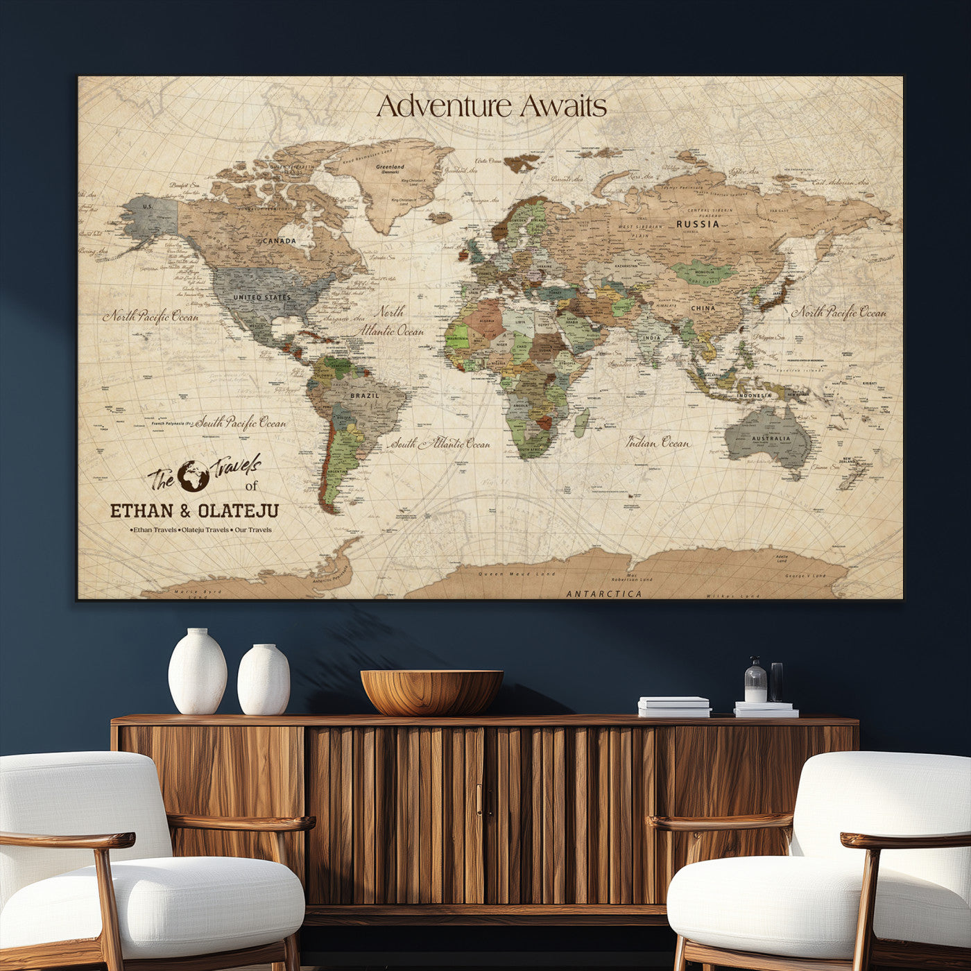 62766900-MGV-CV-36X24-Personalized World Map Wall Art – Antique Parchment Adventure Travel Map with Custom Couple Names, Rustic Wall Decor for Home,
