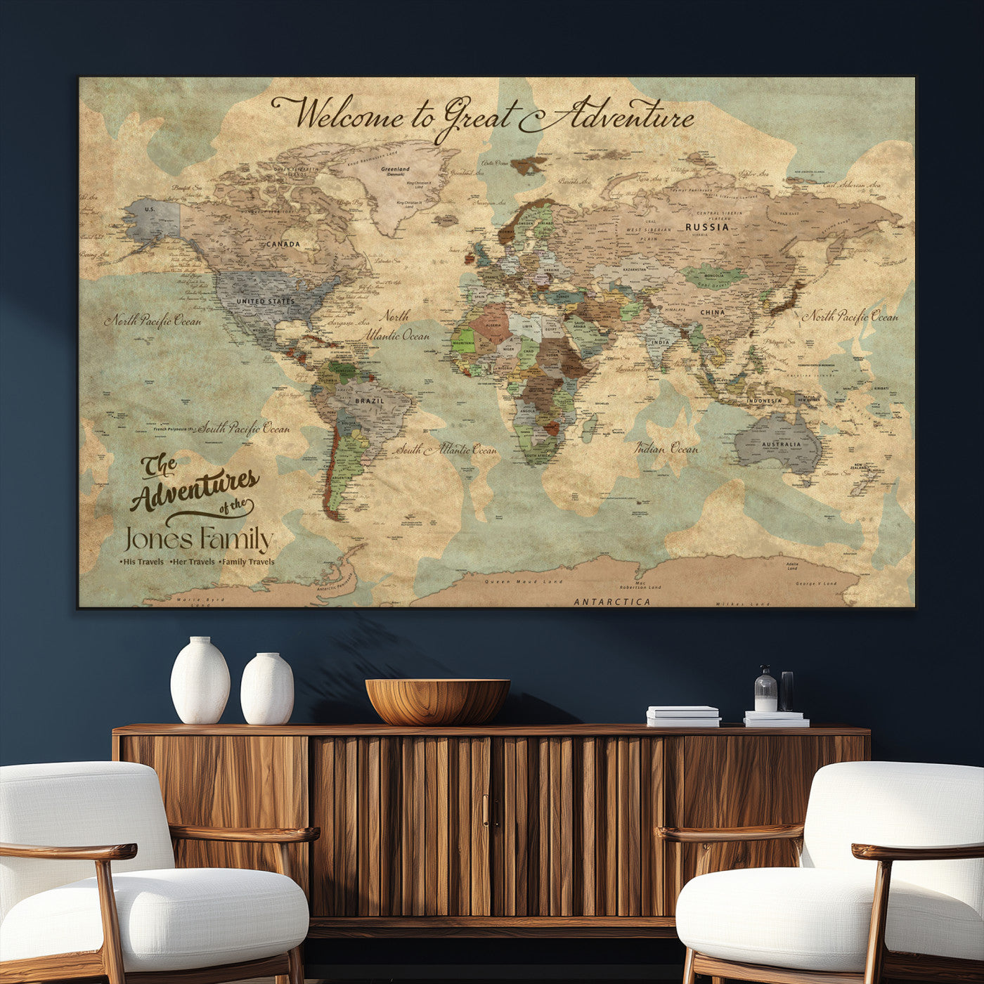 32019746-SEG-FC-51X34_Oversize_Oversize-Personalized World Map Wall Art – Vintage Camo Adventure Travel Map with Custom Family Names, Rustic Wall Decor for Couples, Home