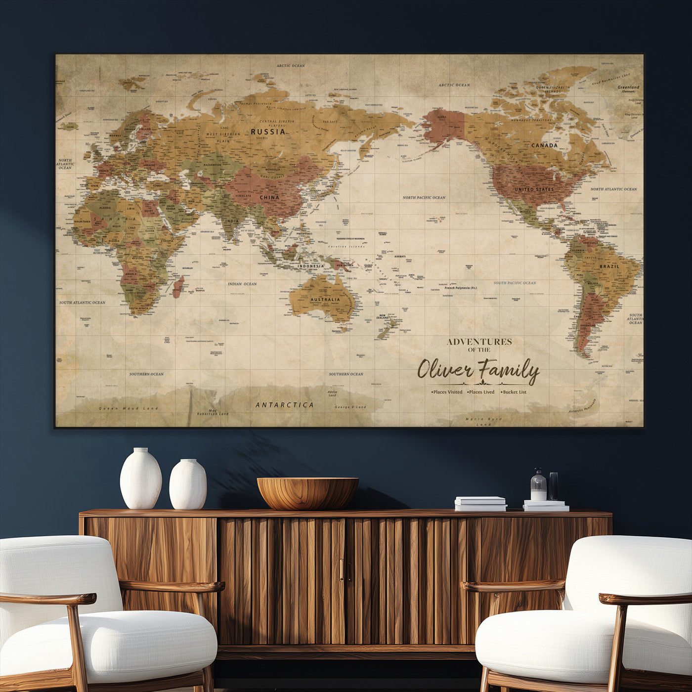31874045-SEG-FC-51X34_Oversize_Oversize-Personalized World Map Wall Art – Vintage Earth Tone Adventure Map with Custom Family Names, Rustic Travel Decor for Home, Couples