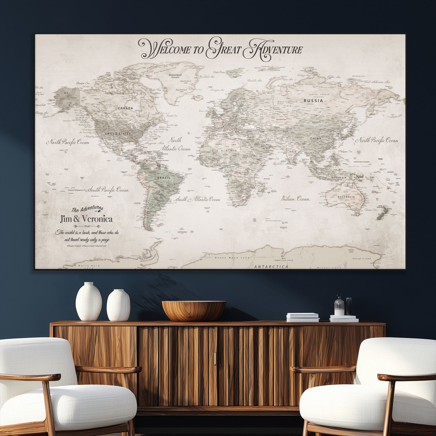 93034948-SEG-FC-51X34_Oversize_Oversize-Personalized World Map Wall Art – Vintage Beige Adventure Travel Map with Custom Names, Elegant Push Pin Canvas for Couples,