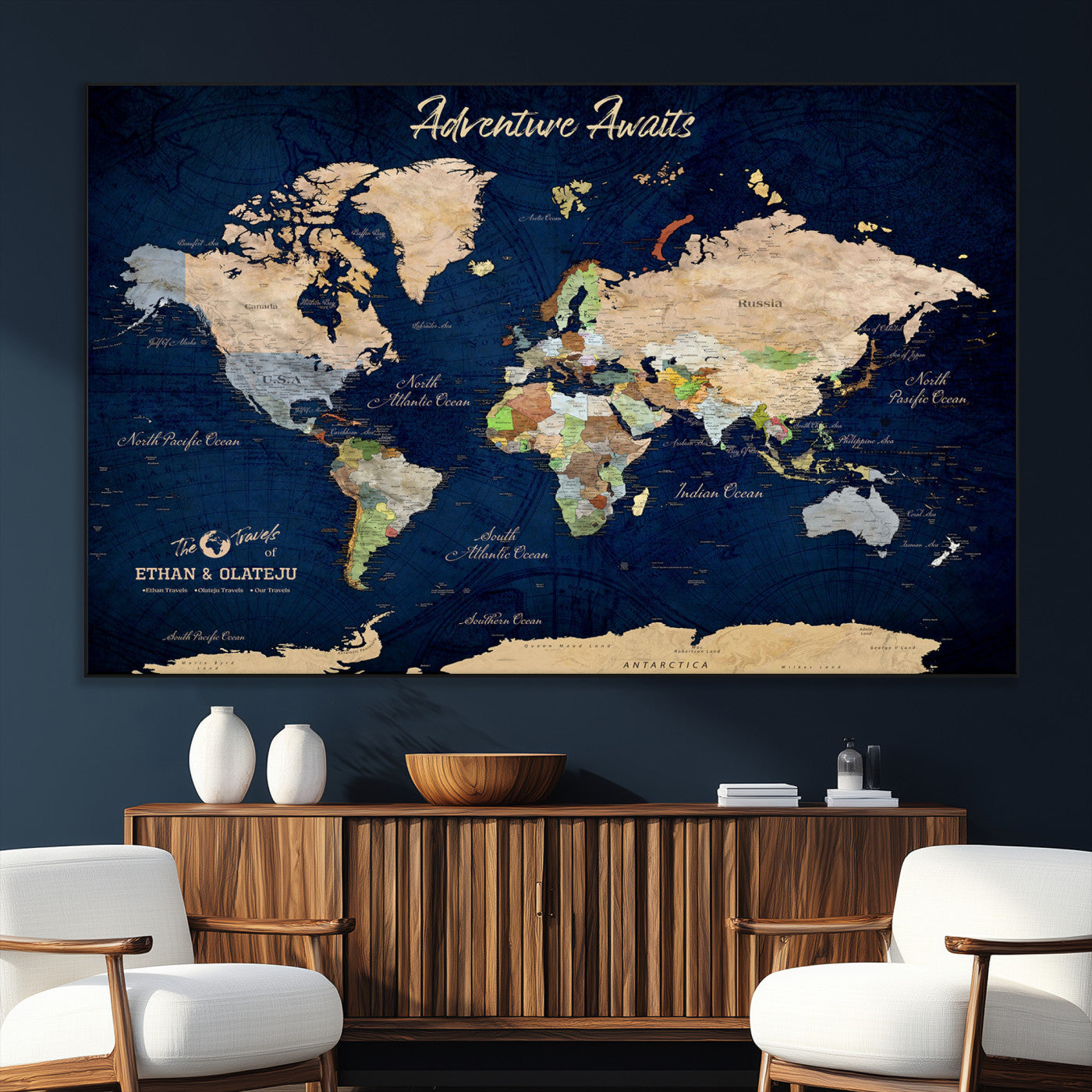 80965072-SEG-FC-51X34_Oversize_Oversize-Personalized World Map Wall Art – Adventure Awaits Navy Blue Travel Map with Custom Names, Rustic Vintage Wall Decor for Couples,