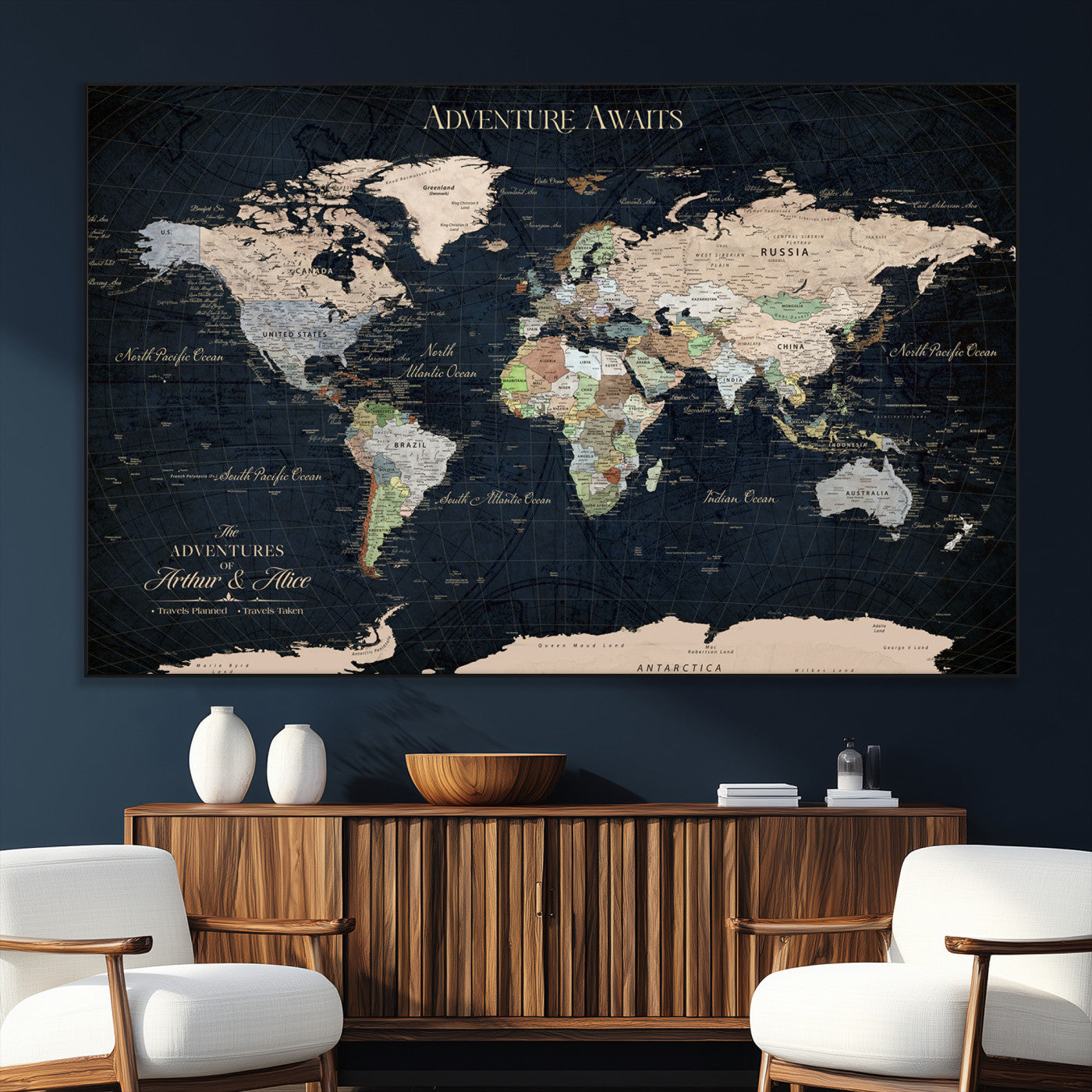 15547583-SEG-FC-51X34_Oversize_Oversize-Personalized World Map Wall Art – Rustic Navy Adventure Awaits Travel Map with Custom Couple Names, Vintage Wall Decor for Home or