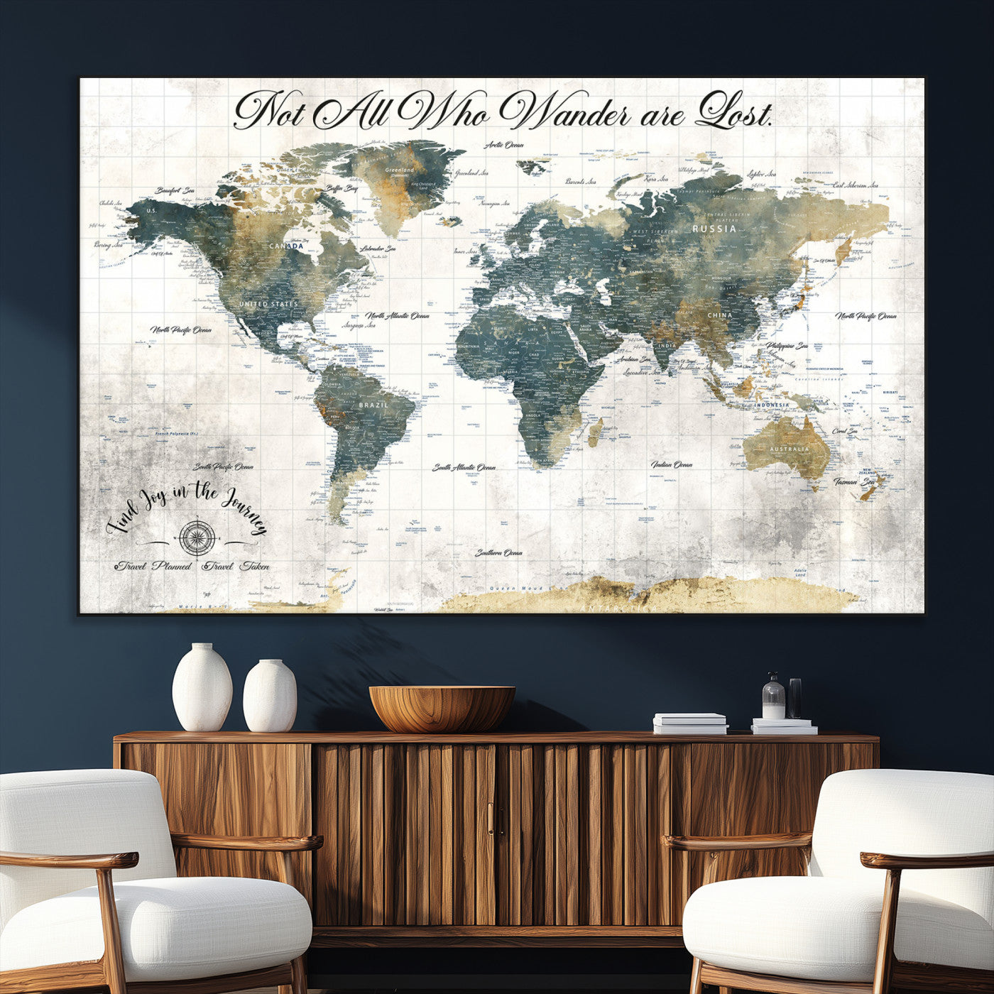 16233493-MGV-CV-36X24-Personalized World Map Wall Art – Rustic Blue Green Wanderlust Travel Map with Custom Couple Names, Vintage Wall Decor for Home