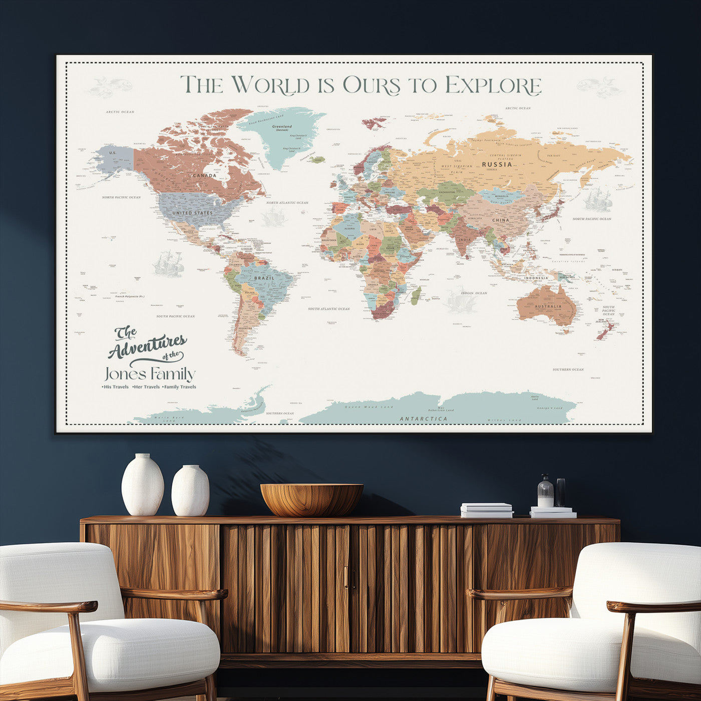 69180591-SEG-FC-51X34_Oversize_Oversize-Personalized World Map Wall Art – Rustic Vintage Adventure Travel Map with Custom Family Names, Unique Wall Decor for Couples,