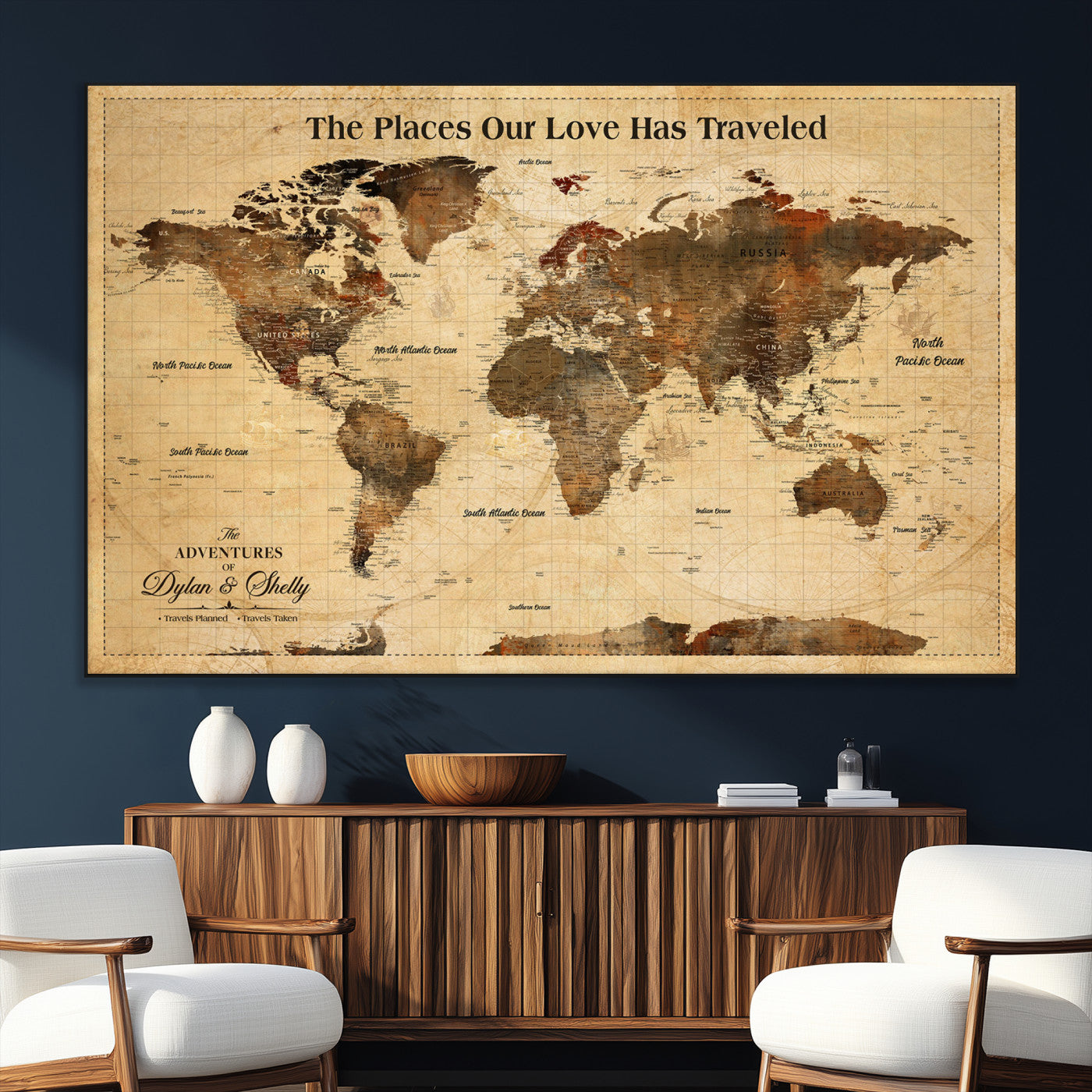 50680593-SEG-FC-51X34_Oversize_Oversize-Personalized World Map Wall Art – Rustic Brown Adventure Travel Map with Custom Names, Elegant Push Pin Canvas for Couples Home,