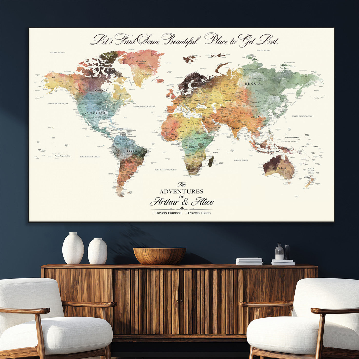 10311652-SEG-FC-51X34_Oversize_Oversize-Personalized World Map Wall Art - Watercolor Travel Map with Custom Names Minimalist Design for Couples&Families - Decor for Home,