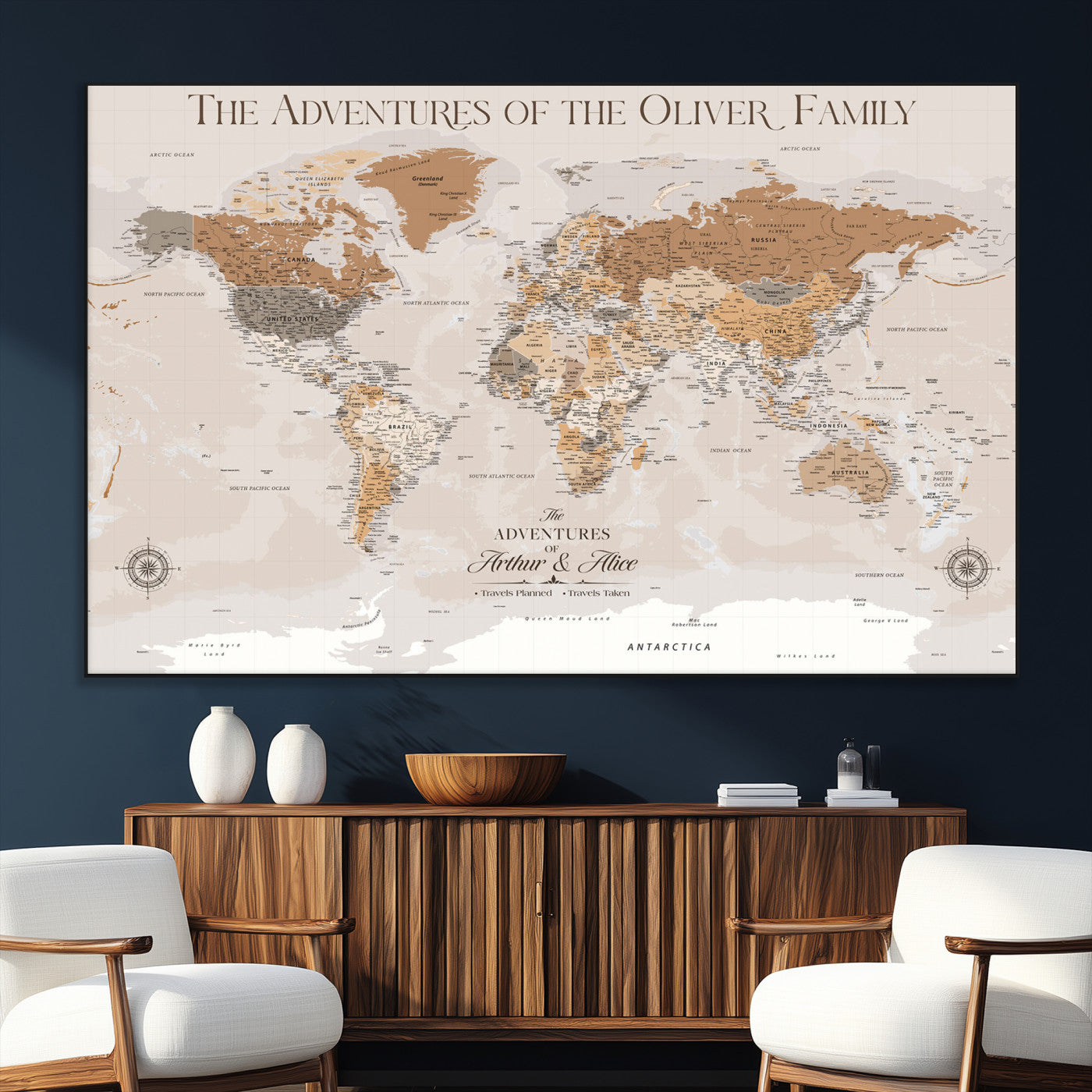34289723-SEG-FC-51X34_Oversize_Oversize-Personalized World Map Wall Art – Elegant Beige and Brown Adventure Map Canvas Print for Family Home, Living Room, Study or Office