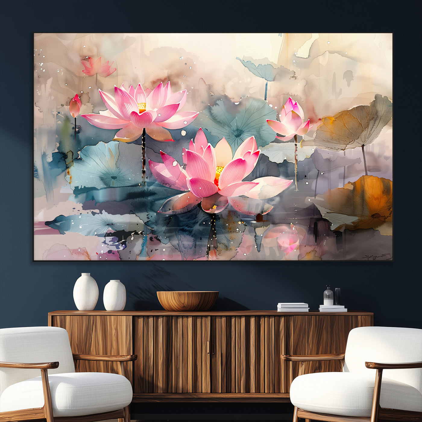 18414-MGV-CV-36X24-Pink Lotus Wall Art Canvas Print, Framed Water Lily Art Picture Print, Dreamy Floral Perfect Dreamy Botanical Decor Artwork