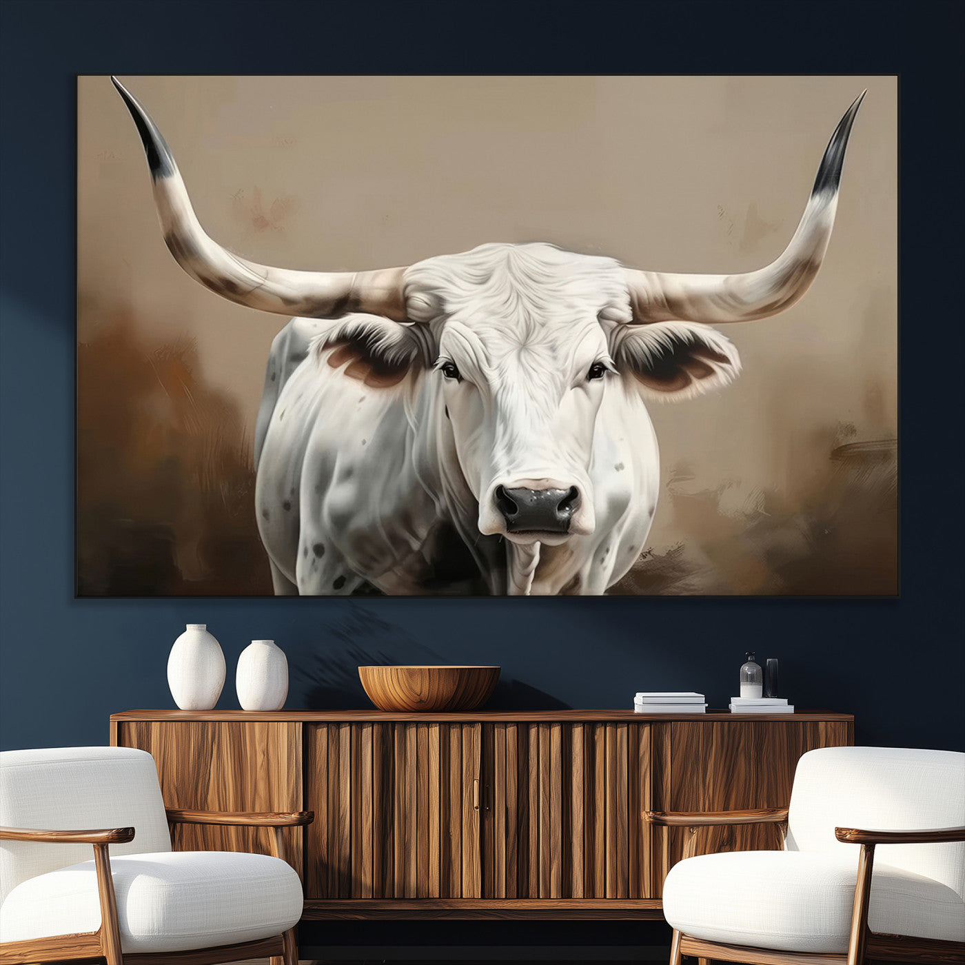 63550-SEG-FC-51X34_Oversize_Oversize-Texas Longhorn Wall Art Canvas Print, Framed White Bull Art Picture Print, Horned Cattle Perfect Rustic Western Decor Artwork