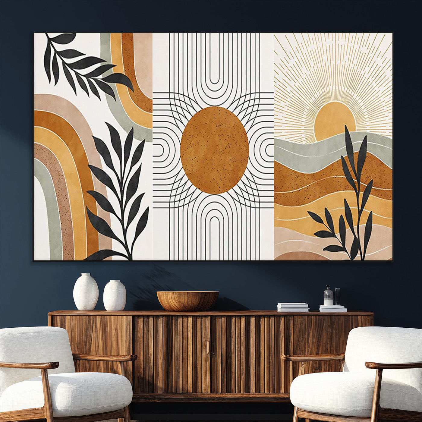 32359-SEG-FC-51X34_Oversize_Oversize-Modern Sun Wall Art Canvas Print, Framed Retro Horizon Art Picture Print, Sunburst Design Perfect Mid Century Boho Decor Artwork