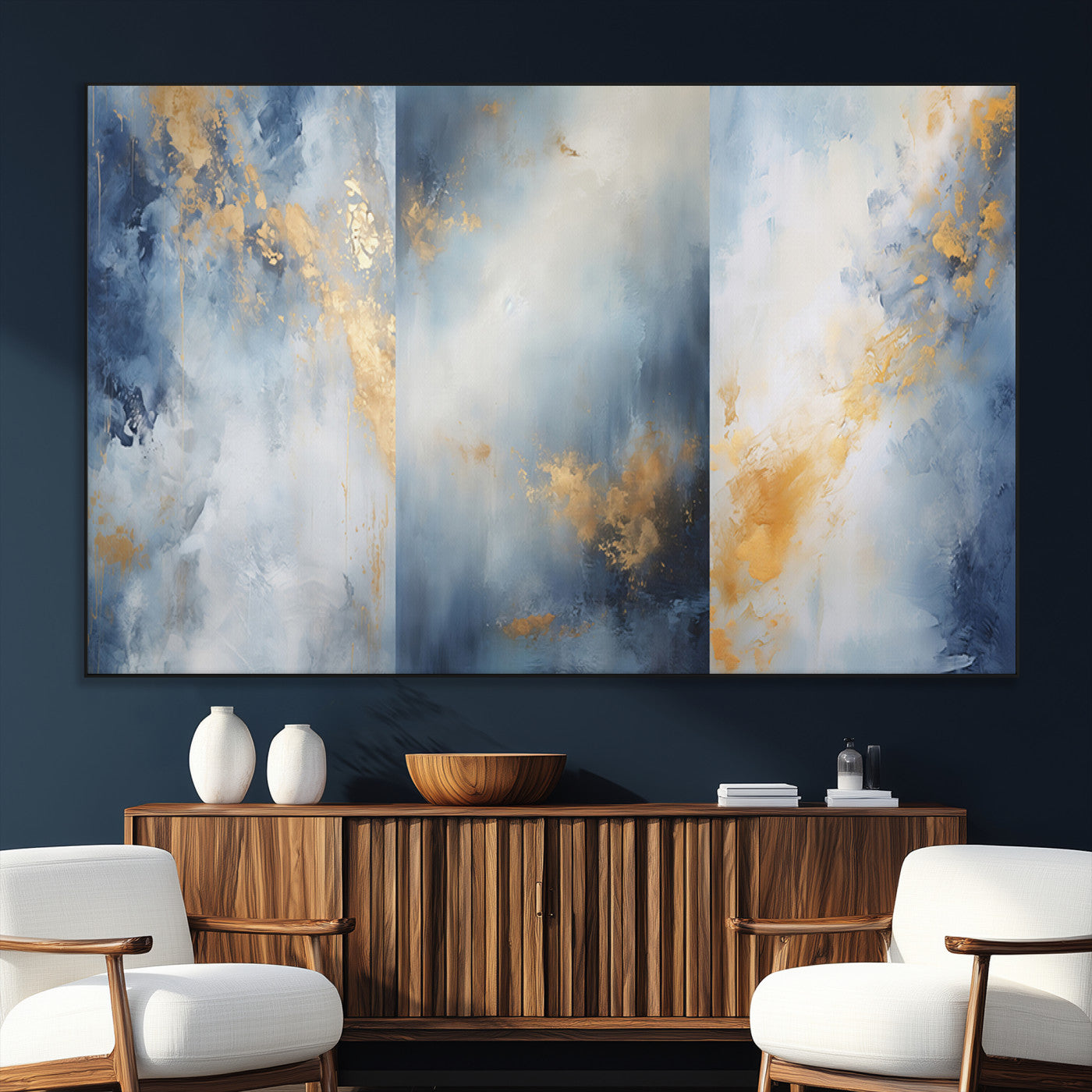 41836-MGV-CV-36X24-Abstract Gold Wall Art Canvas Print, Framed Blue Layers Art Picture Print, Elegant Cloud Perfect Elegant Minimalist Decor Artwork