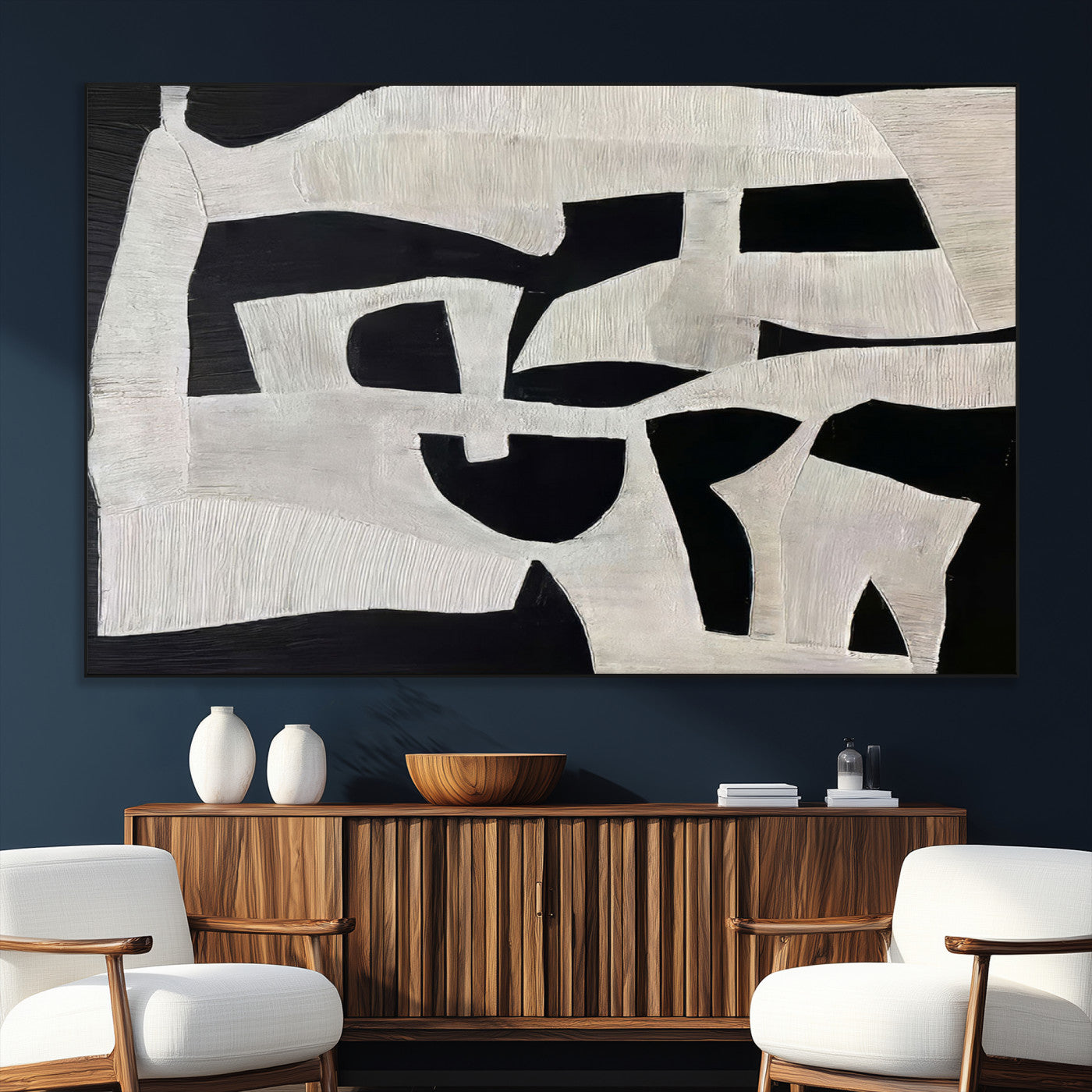 33714-SEG-FC-51X34_Oversize_Oversize-Monochrome Design Wall Art Canvas Print, Framed Modern Linework Art Picture Print, Textured Shapes Perfect Monochrome Modern Decor