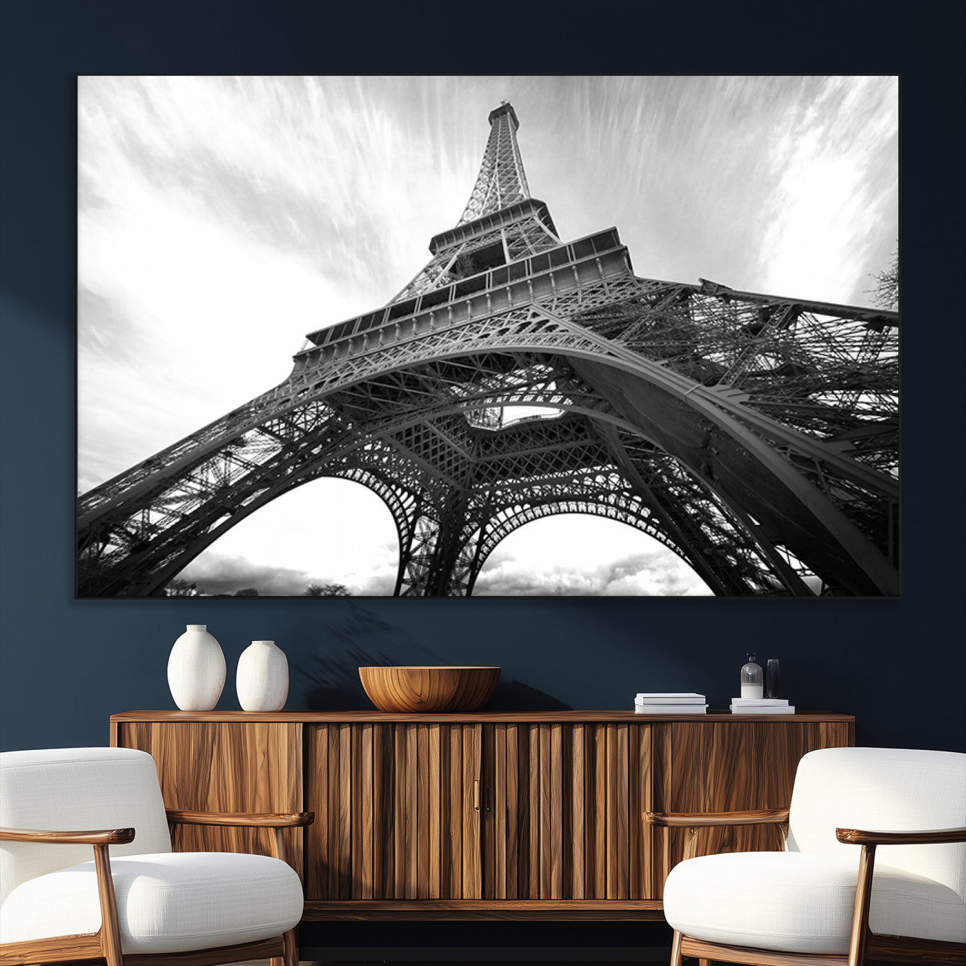 40006-SEG-FC-51X34_Oversize_Oversize-Eiffel Tower Wall Art – Black and White Architectural Photo Print, Paris Inspired Decor for Bedroom, Office, Studio or Modern