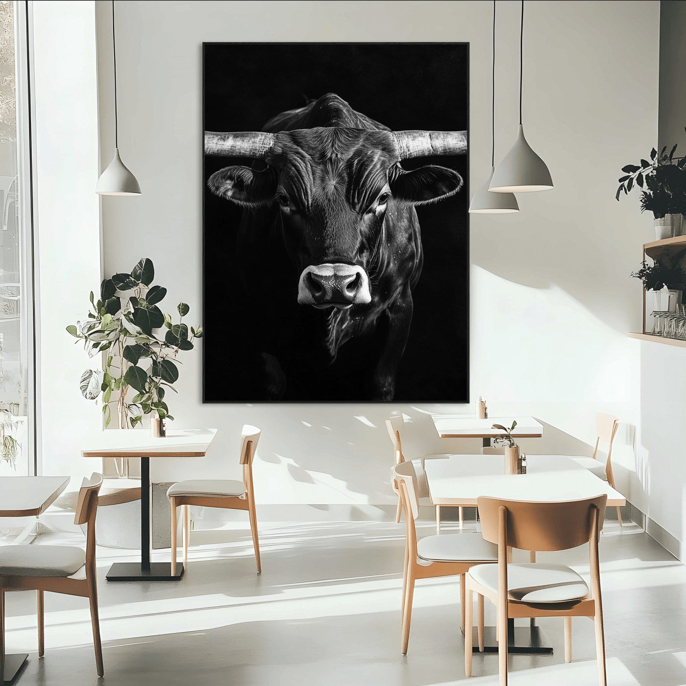 75358747-MGV-CV-24X36-Texas Longhorn Wall Art Canvas Print, Framed Monochrome Bull Art Picture Print, Horned Bull Perfect Minimalist Western Decor