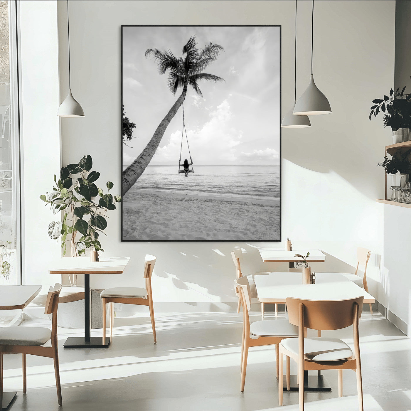 78460277-SEG-FC-51X34_Oversize-Black White Palms Wall Art Canvas Print, Framed Beach Swing Art Picture Print, Monochrome Coastal Perfect Minimalist Coastal Decor