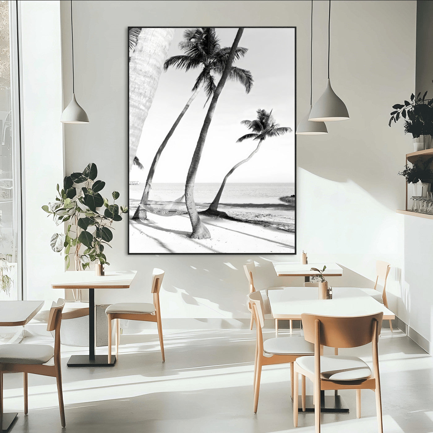 50406026-SEG-FC-51X34_Oversize-Black White Palms Wall Art Canvas Print, Framed Tropical Beach Art Picture Print, Minimalist Coastal Perfect Coastal Minimalist