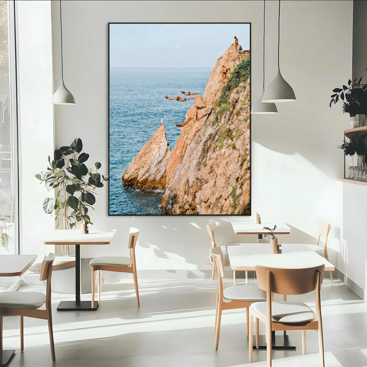 74527880-MGV-CV-24X36-Cliff Divers Wall Art Canvas Print, Framed Ocean Adventure Art Picture Print, Coastal Movement Perfect Adventurous Coastal Decor